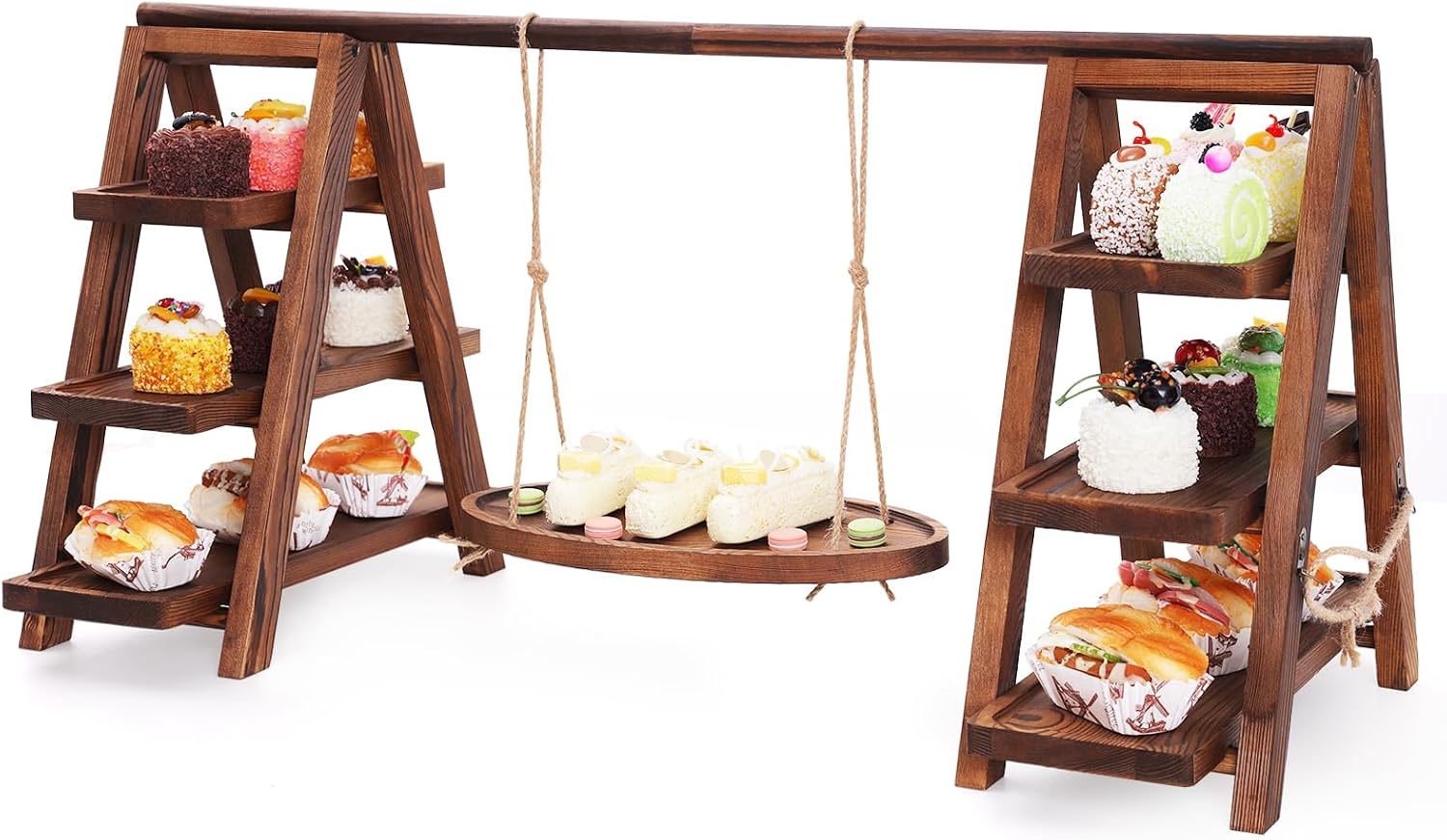 3-Tier Wooden Cupcake & Dessert Display Stand with Swing Frame – Rustic Torch-Finished Pine, Extra Wide 5.1" Trays, Pre-Assembled with Anti-Slip Pads, Party & Wedding Cake Holder (Rustic Brown)