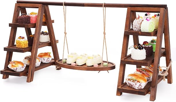3-Tier Wooden Cupcake & Dessert Display Stand with Swing Frame Rustic Torch-Finished Pine, Extra Wide 5.1" Trays, Pre-Assembled with Anti-Slip Pads, Party & Wedding Cake Holder Rustic Brown