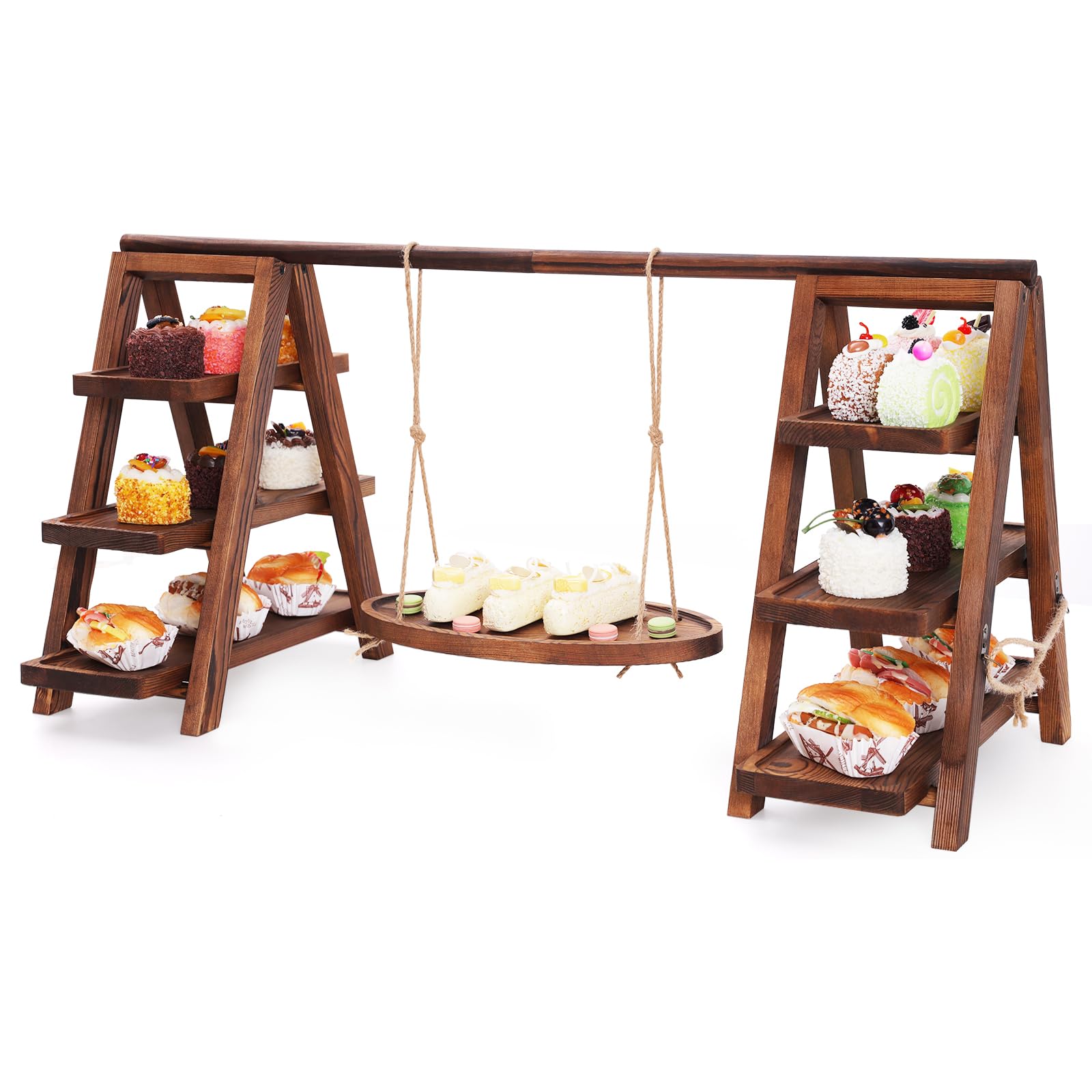 Étagère à Cupcakes et Desserts en Bois à 3 Étages avec Cadre | Oscillant Pin Fini Torch Rustique, Plateaux Large de 13cm, Assemblé à l'Avance avec Pads Anti-Dérapants, Support pour Gât