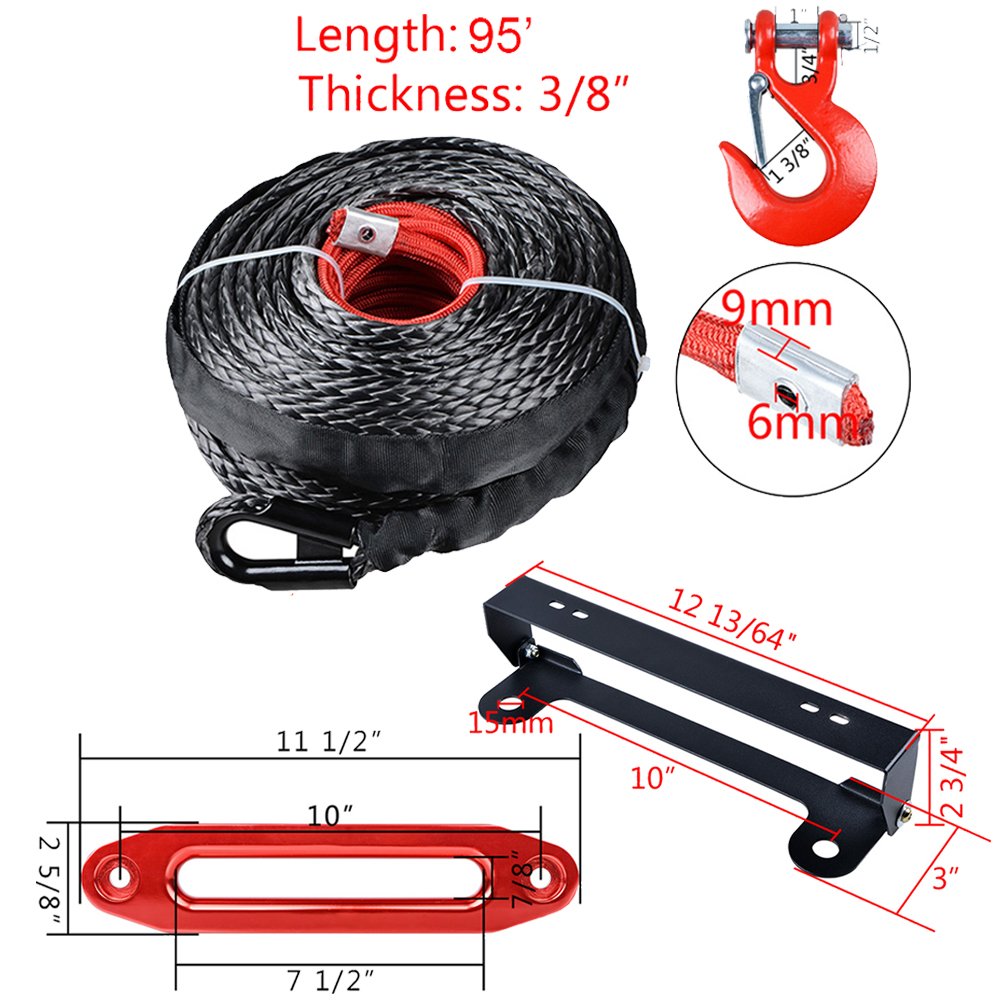 amopacorp 95 feet 3/8 inch Synthetic Winch Rope Recovery 20,500 lbs with Red Hook and 10 inch Anodized Red Hawse Fairlead 254mm Flip-Up License Plate Holder