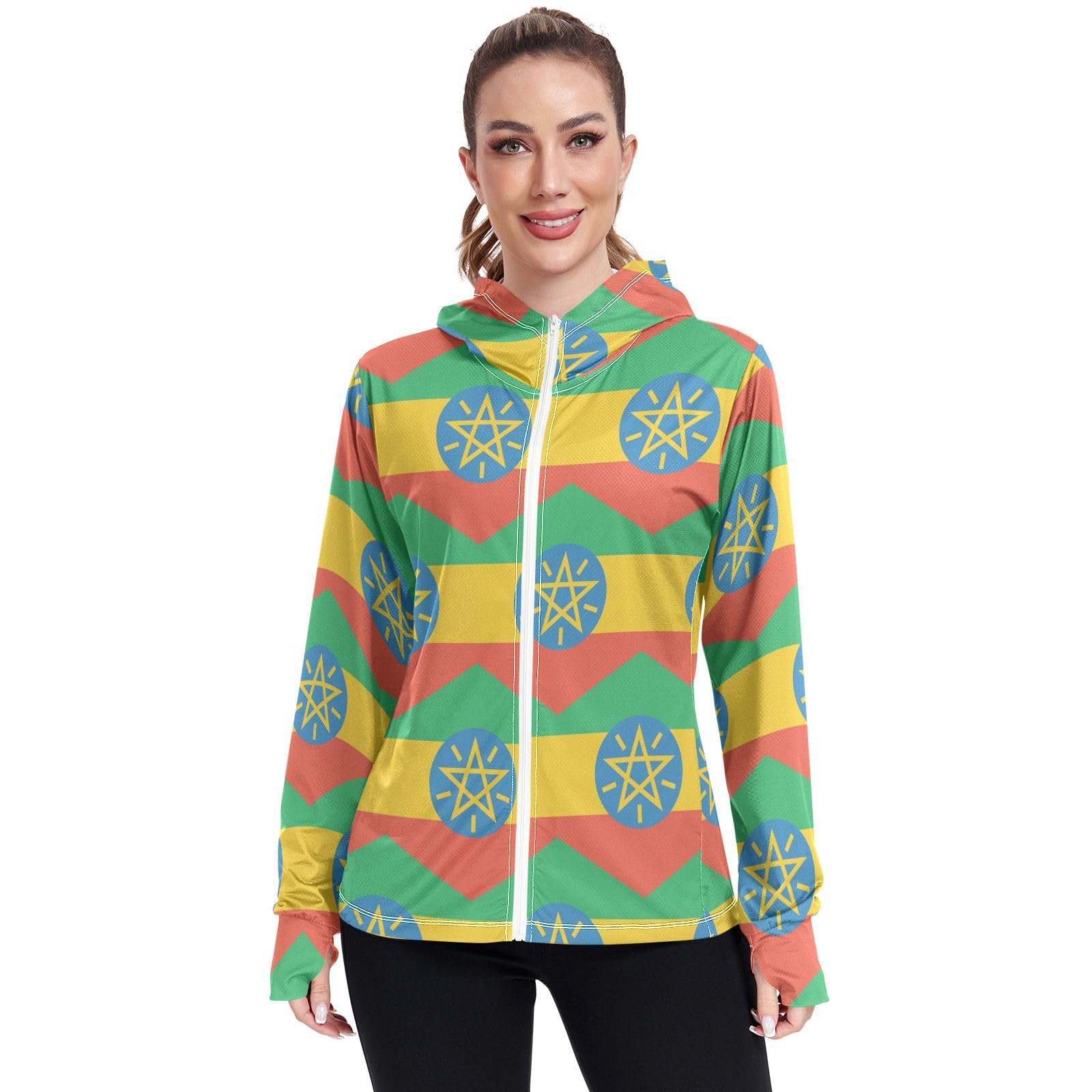 Vnurnrn Ethiopia Flag Women's UPF 50+ Sun Protection Hoodie Jacket Lightweight Long Sleeve Sun Shirt with Pocket