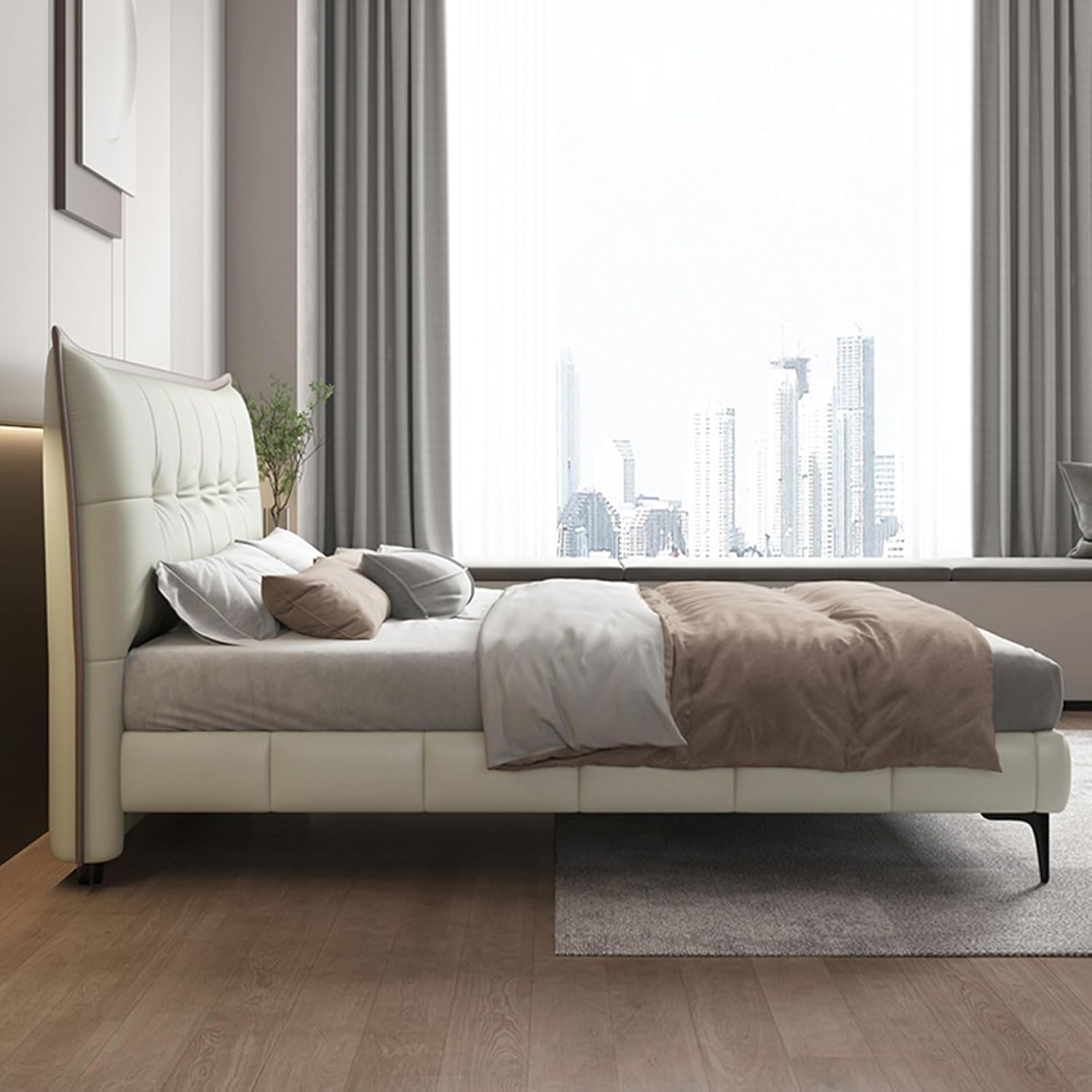 Modern Leather Full Size Bed Frame Ergonomic Upholstered Headboard with Heavy Duty Wooden Slat Support Noise-Free