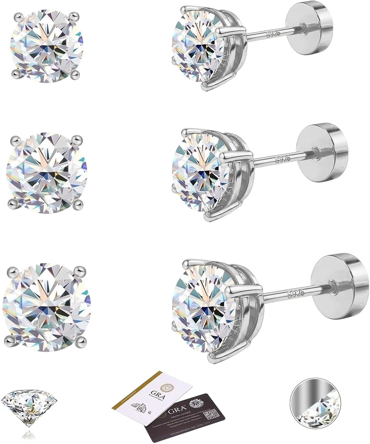 3 Pairs Moissanite Stud Earrings for Women Men S925 Sterling Silver Flat Back Earring D Color VVS1 Moissanite Cartilage Jewelry Set