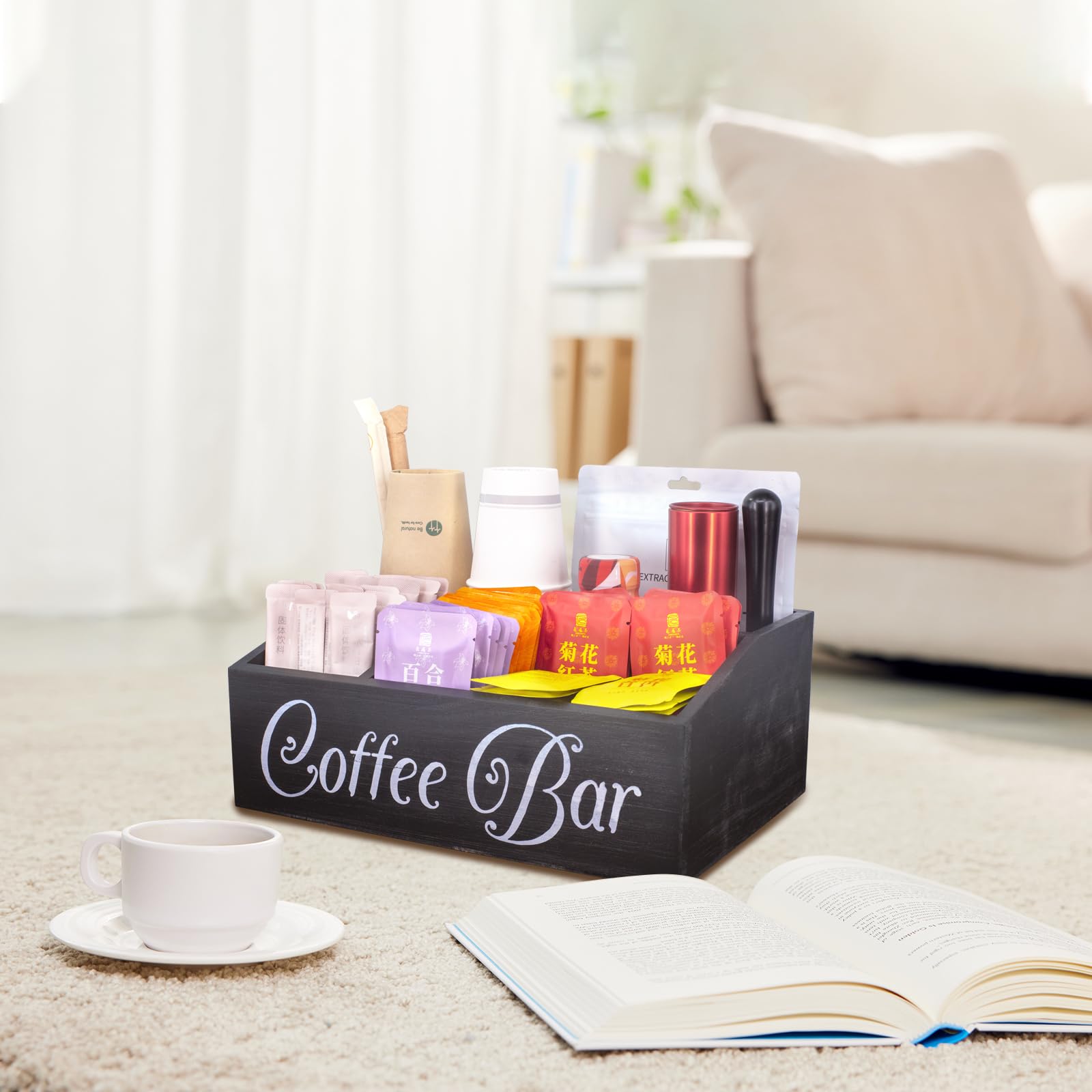 Organisateur de Thé et Station de Café - Accessoires pour Sachets, Lait, Serviettes, Capsules, Bâtonnets de Sucre (Noir)