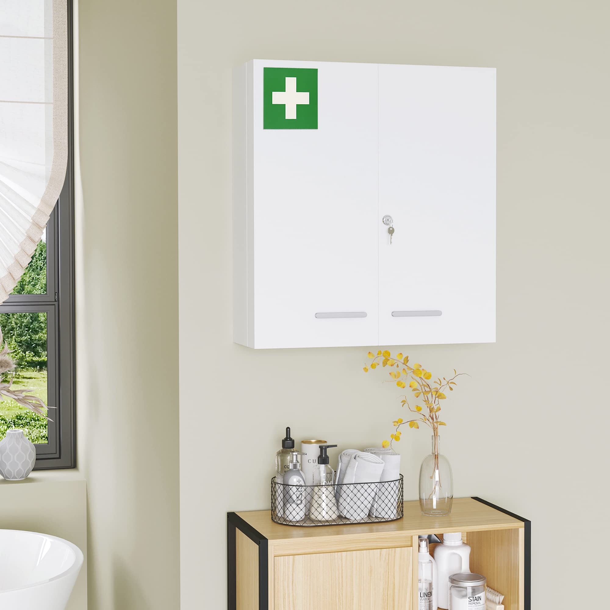 kleankin Armoire à Pharmacie Armoire à médicaments Murale à 6 étagères avec Porte verrouillable 2 clés en Acier pour Salle de Bain, Cuisine, 55 x 18 x 60 cm, Blanc