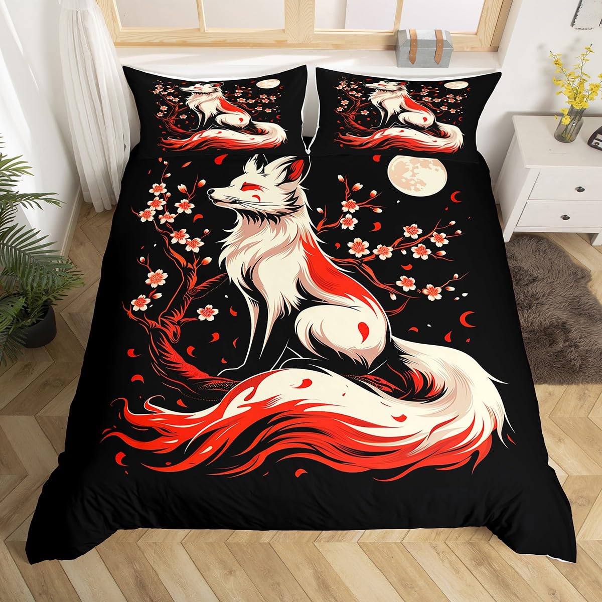 Japanese Style Fox Duvet Cover Set Queen Size,Japan Ukiyo-e Cherry Blossom Sakura Bedding Set,Boys Girls Room Decor,Wild Animal Rustic Comforter Cover,Red Black Quilt Cover,2 Pillowcases(No Comforter)