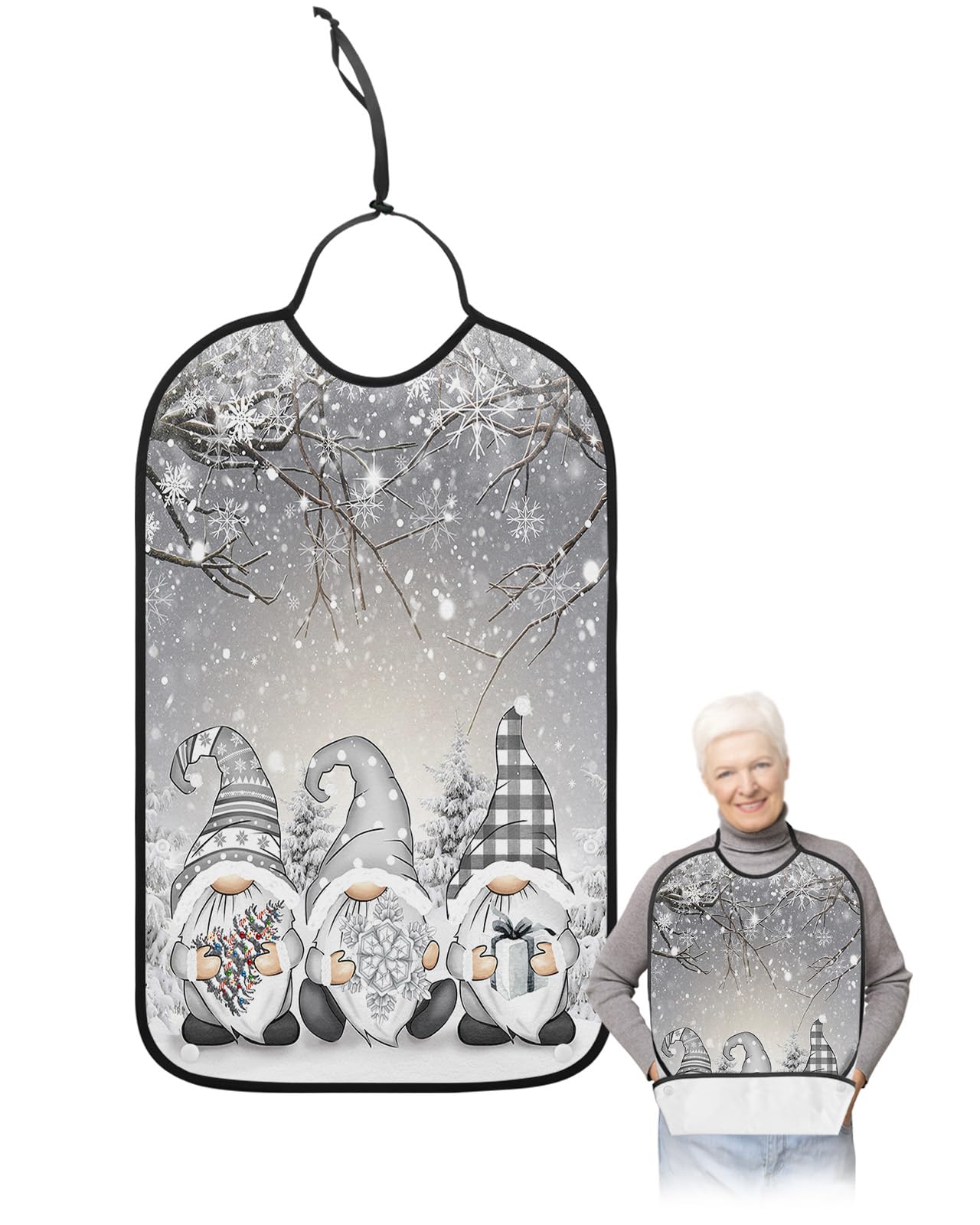 LEOKOTI Grey Gnomes Christmas Adult Bibs for Eating, Waterproof Bibs with Food Catcher & Adjustable Snap Closure, Xmas Tree Winter Snowflake Washable Clothing Protectors Adult Bibs for Elderly
