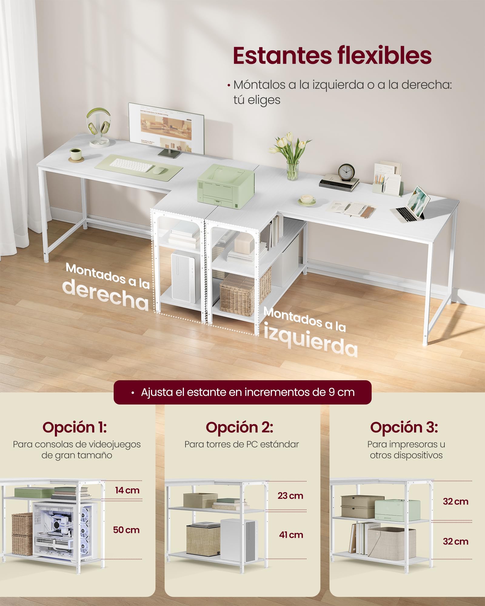 VASAGLE Scrivania Angolare a L, Scrivania Gaming per Computer con Scaffale Reversibile, Ripiano Regolabile in Altezza, per Studio Ufficio, 120 x 80 cm, Bianco Acero LWD136WF01 - 5