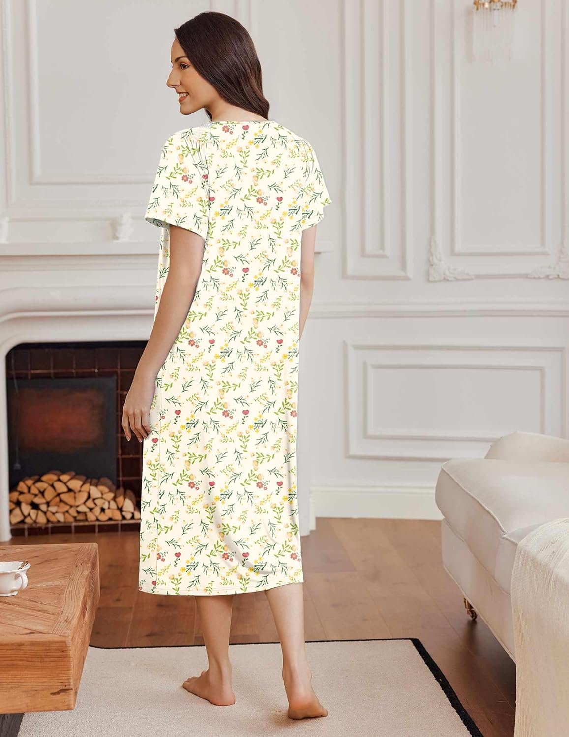 Ekouaer Long Nightgowns for Women Short Sleeve Sleepshirt Button Sleep Dress with Pockets - Image 4