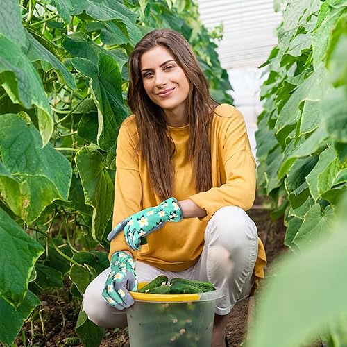 Miniatura 7 de Guantes de jardinería para mujeres, guantes de cuero para trabajo en jardín, a prueba de espinas, sin perforación, para cavar, plantar y podar Azul