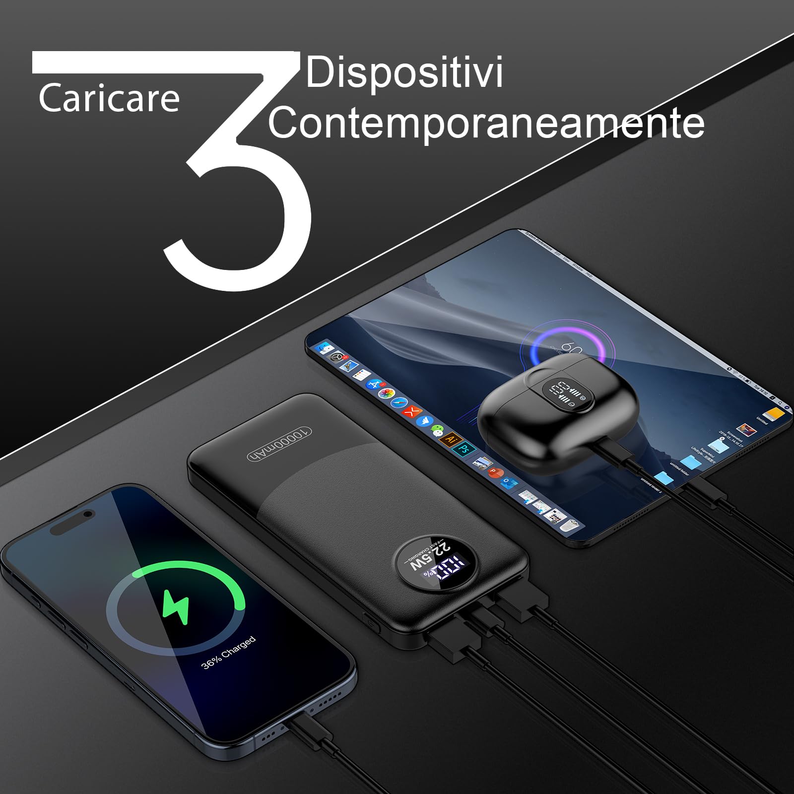 Power Bank 10000mAh, PD 22.5W Ricarica Rapida powerbank, QC 3.0 USB C caricatore portatile Con LED Display Batteria Esterna per iPhone 16 15 14 13 12 Pro Max Mini Plus smartphone Android etc Nero