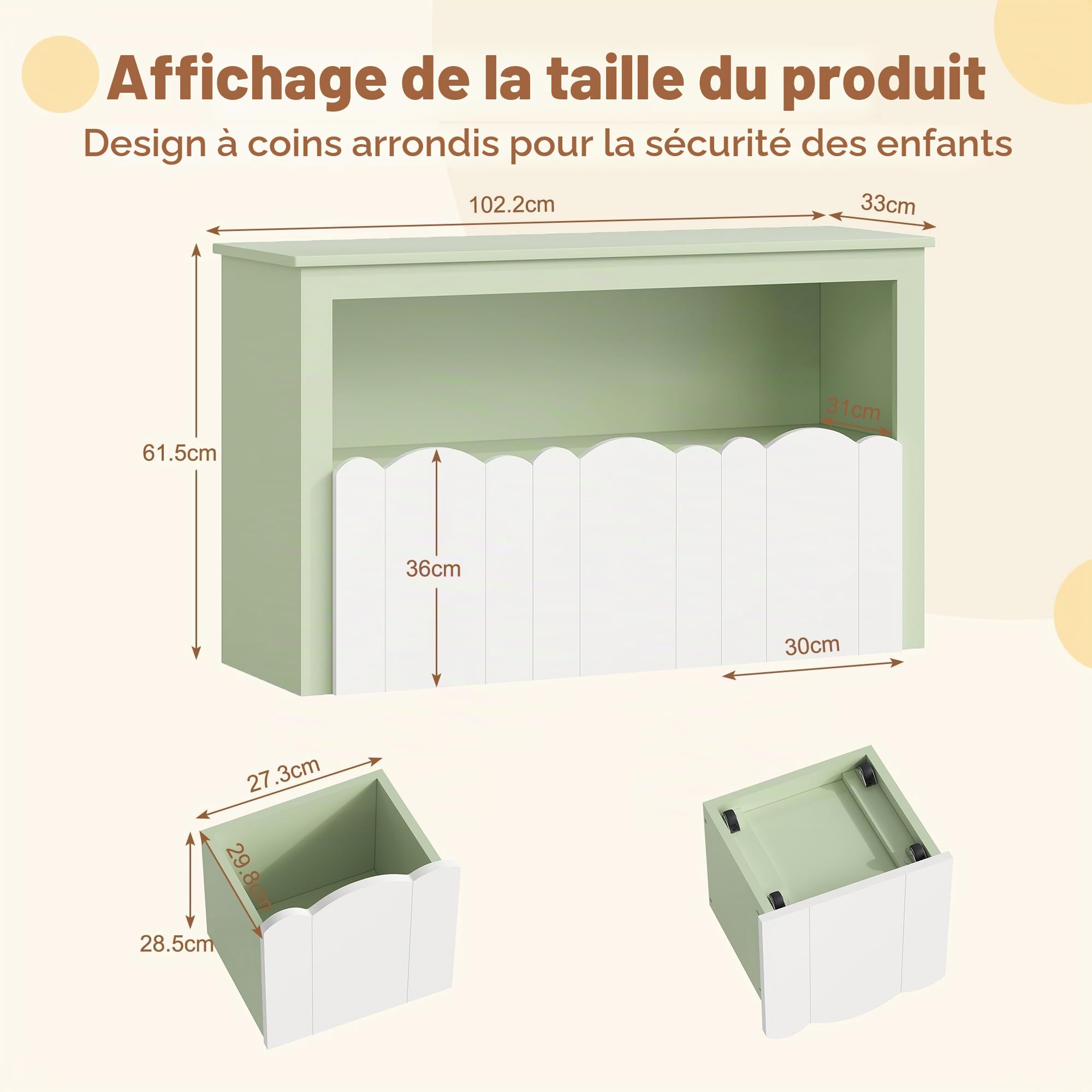 YOUDENOVA Étagère pour enfant, meuble de chambre d'enfant, avec 3 boîtes, rangement de jouets sur roulettes, 102,2 x 33 x 61,5 cm, rangement de chambre d'enfant pour livres d'images, livres d'histoire