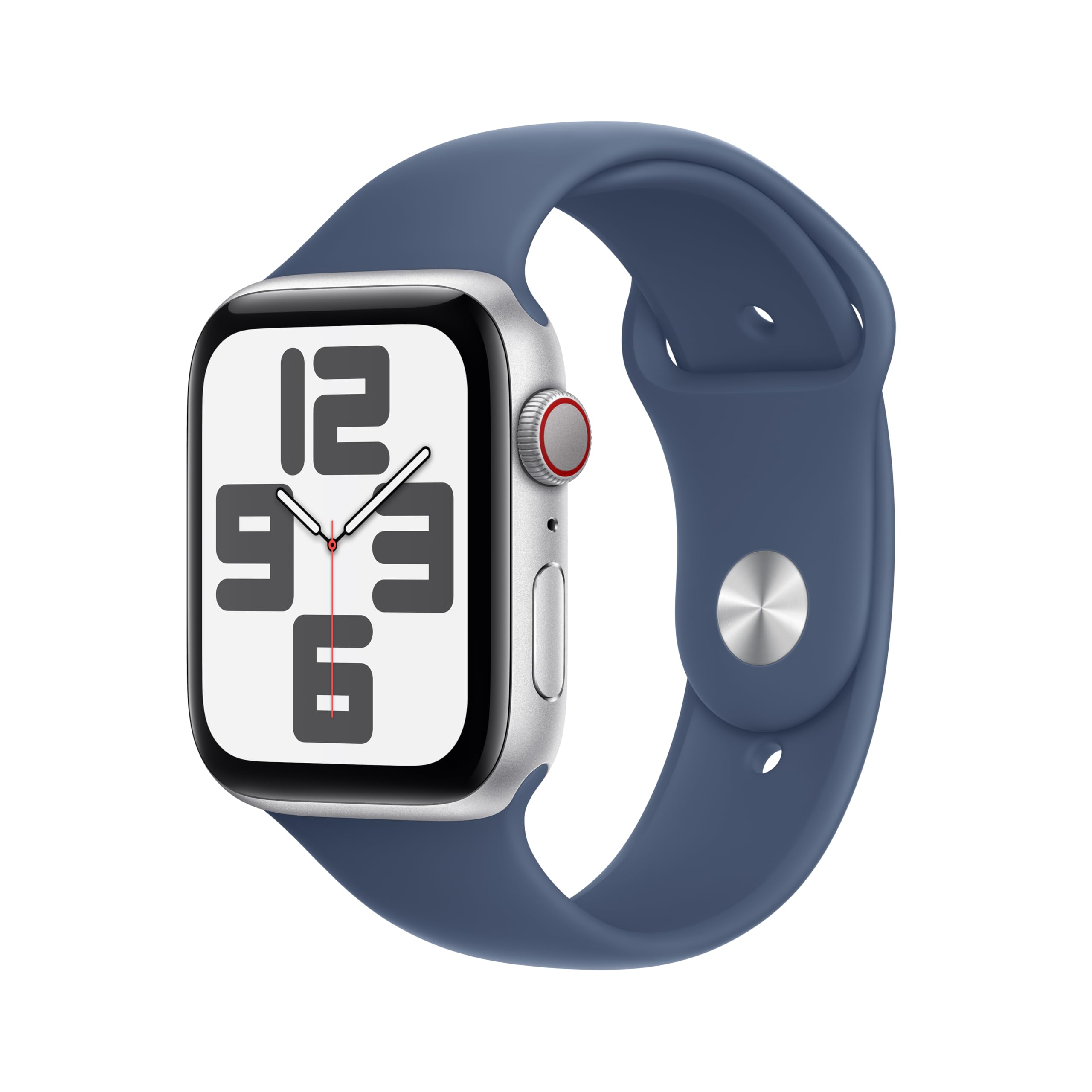 Apple Watch SE (2. nesil) GPS + Cellular 44 mm Gümüş Rengi Kasa Akıllı Saat ve Kot Rengi Spor Kordon - S/M. Fitness ve Uyku Takibi, Trafik Kazası Algılama, Kalp Atış Hızı Takibi, Retina Ekran