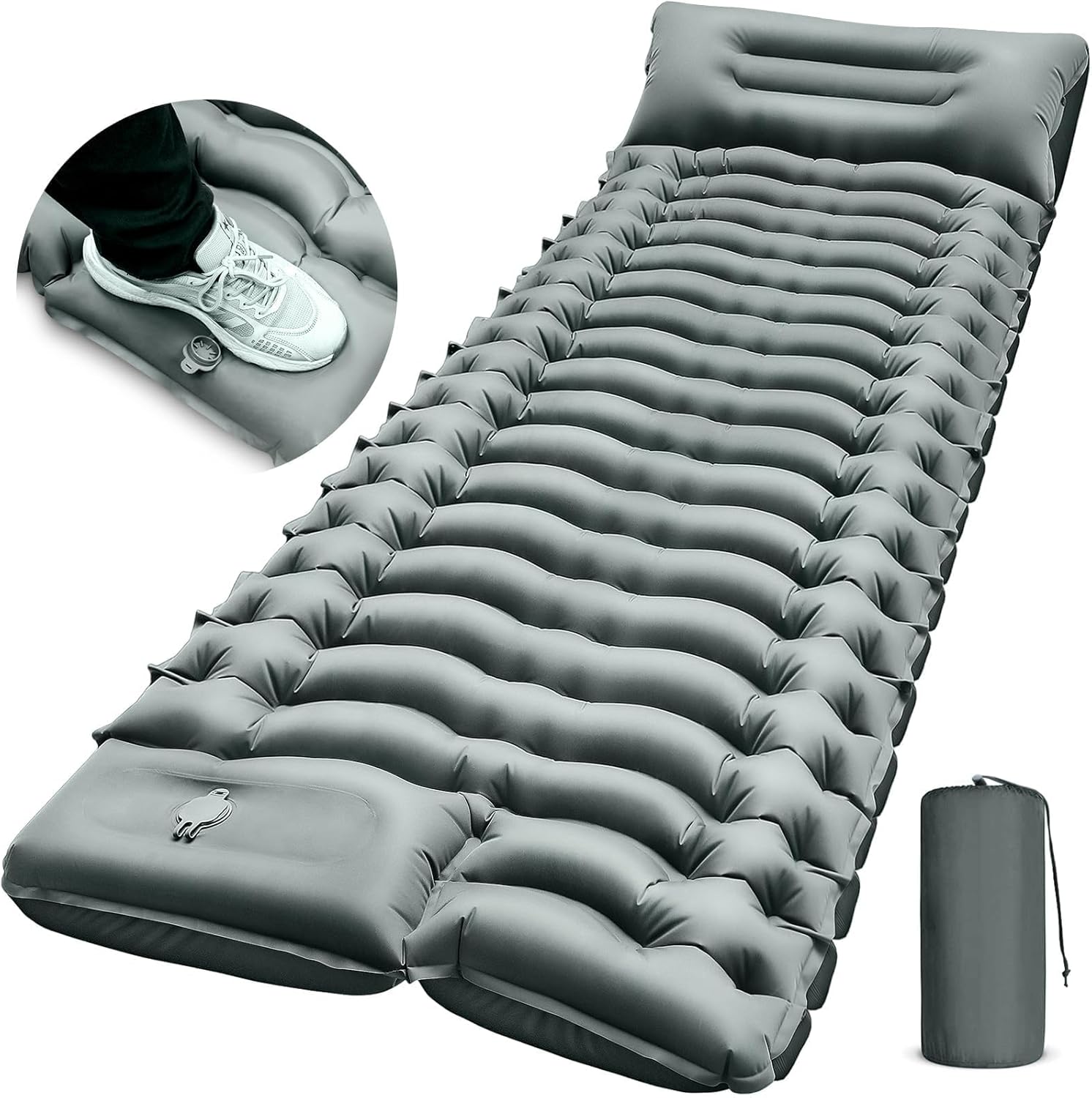 Tenting Sleeping Pad, Ultralight Camp Pad with Pillow, Constructed-in Foot Pump, Inflatable Sleeping Pad, Compact Dimension for Tenting, Backpacking, Mountaineering and Touring – Grey