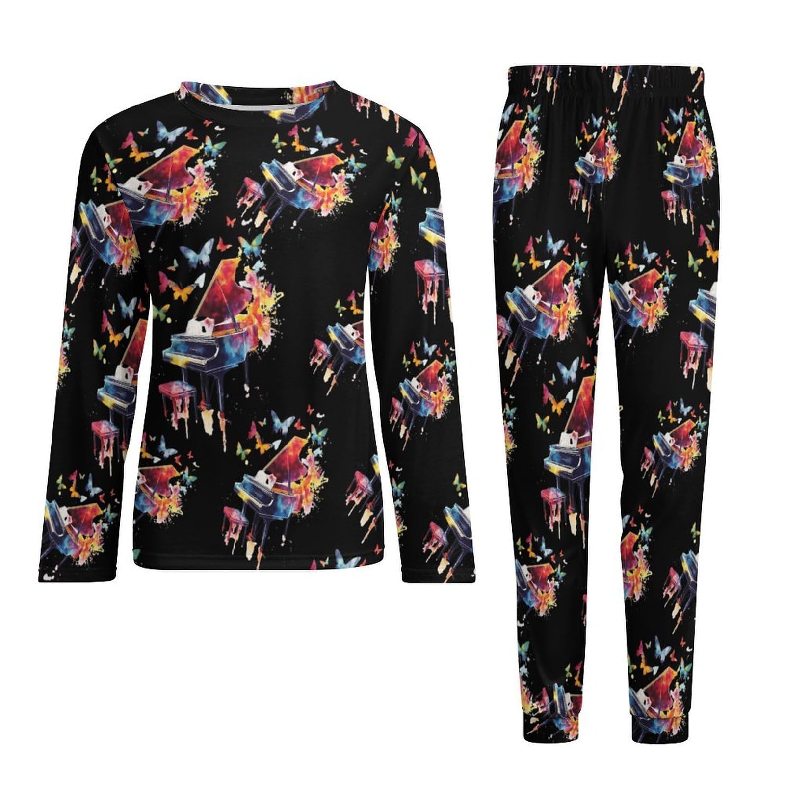 Conjunto de pijama de piano con mariposas voladoras para hombre, cuello redondo, 2 piezas, manga larga, suave parte superior e inferior transpirable para todas las estaciones