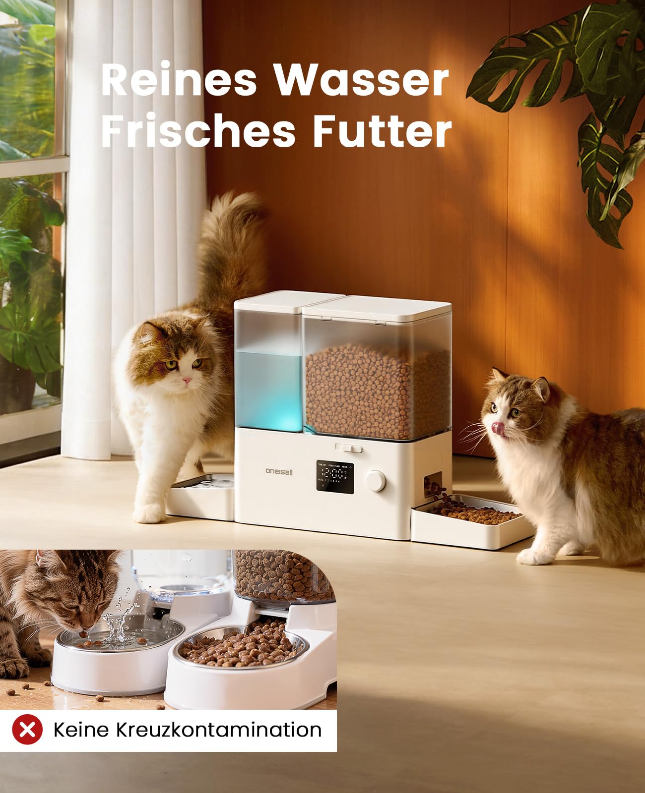 oneisall Futterautomat Katze und Trinkbrunnen 2-in-1, 8,5L/1-36 Portionen, 5L Futterspender mit 3,5L Katzenbrunnen, 2 Edelstahlschalen, Einfache Installation und Reinigung, für Katzen, BPA-frei