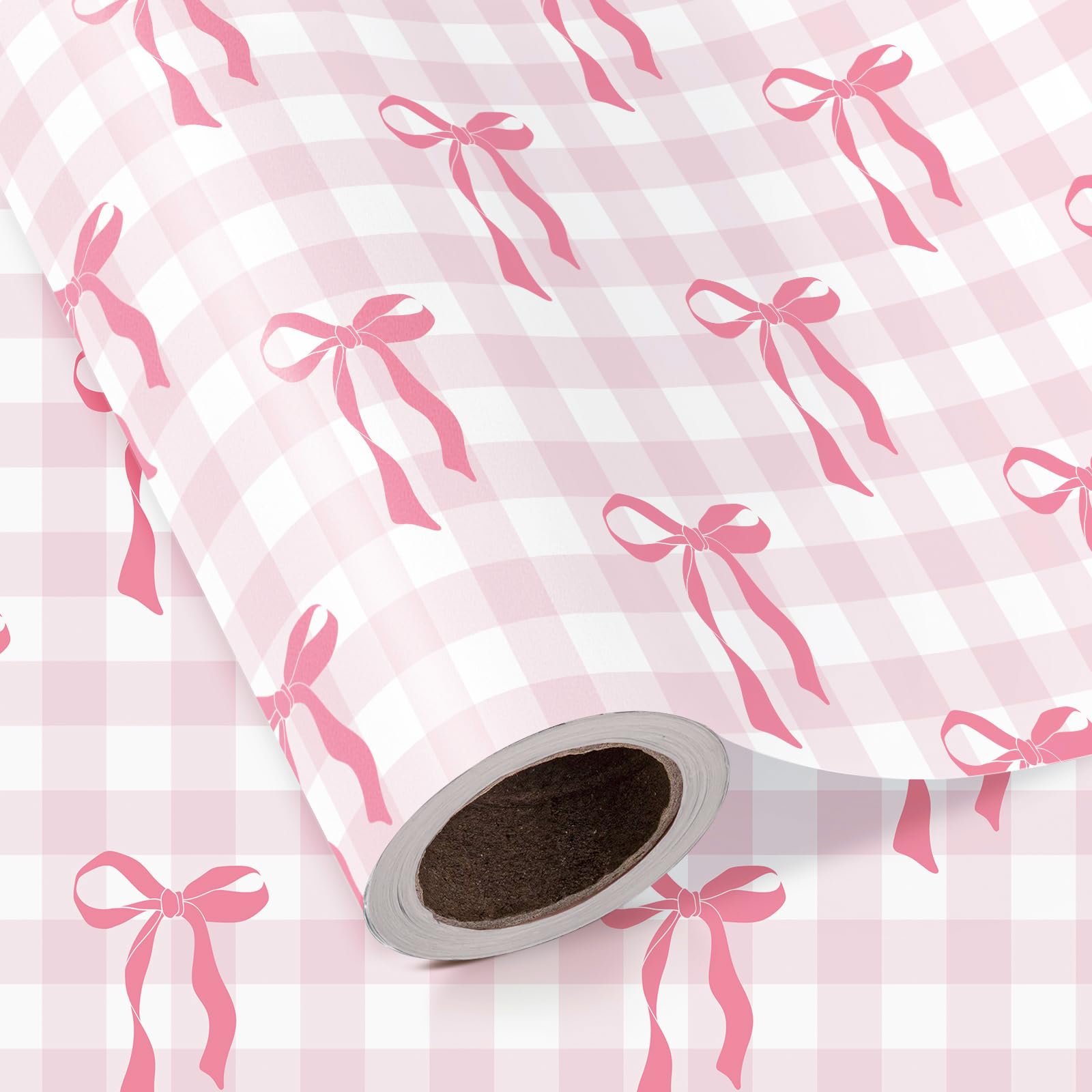 RUSPEPA Pink Bow Wrapping Paper Roll - Mini Roll - 43.2cm x 5m - Pretty Pink Bow on Plaid Wrapping Paper Perfect for Valentine's Day, Girls Birthday, Baby Shower, Wedding — image 1