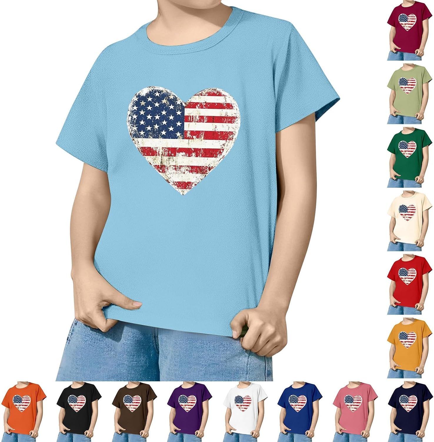 Girls Boys 4th of July Patriotic T-Shirt Short Sleeve American Flag Tees Cute Crewneck Tops Teen Kids Toddler Trendy Tops