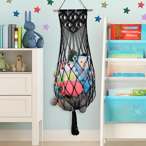 Miniatura 8 de Hamaca de almacenamiento de animales de peluche, soporte de pared con borlas bohemias, organizador de red colgante para guardería, habitación de