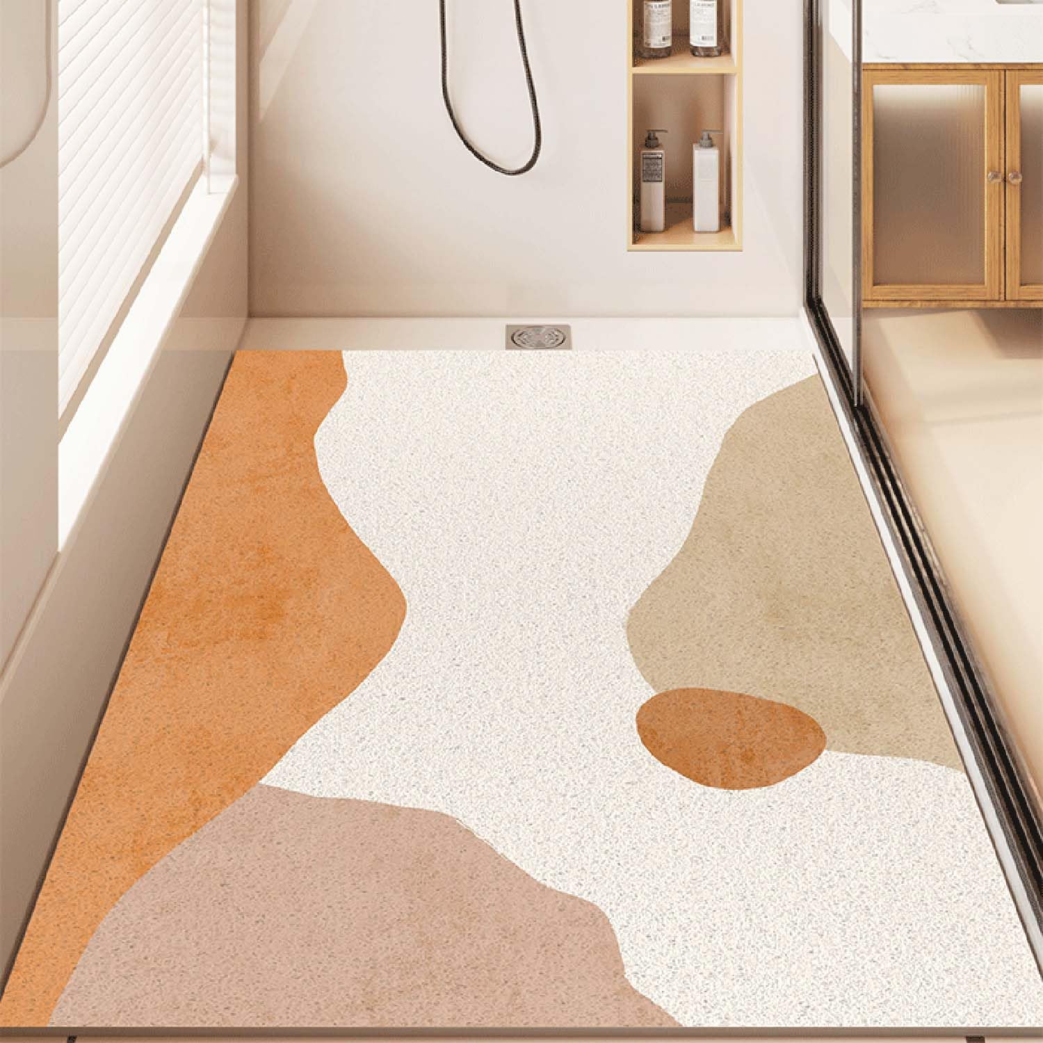 QYMYOZ Non-Slip Shower Mat 70x70cm Luffa Bath Mat Drainage Holes No Suction Cups Geometric Pattern Soft & Quick-Drying Bathroom Rug Perfect for Safety & Comfort