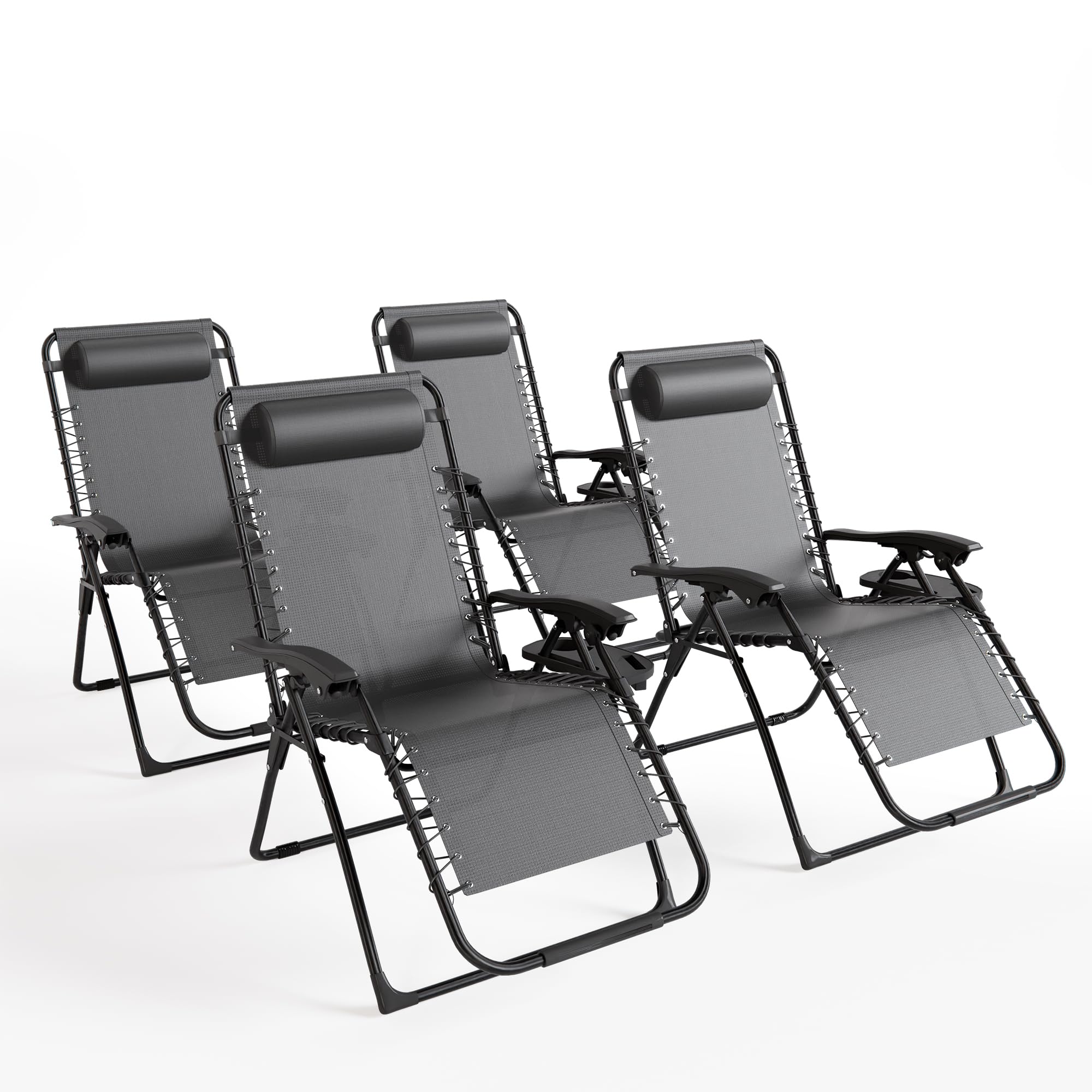 ALAULM Textilene Zero Gravity Chair Set of 4, 180kg Heavy Duty Folding SunLoungers with Cup Holder,Headrest Pillow, Adjustable Reclining Garden Chairs for Patio, Camping, Beach, Grey