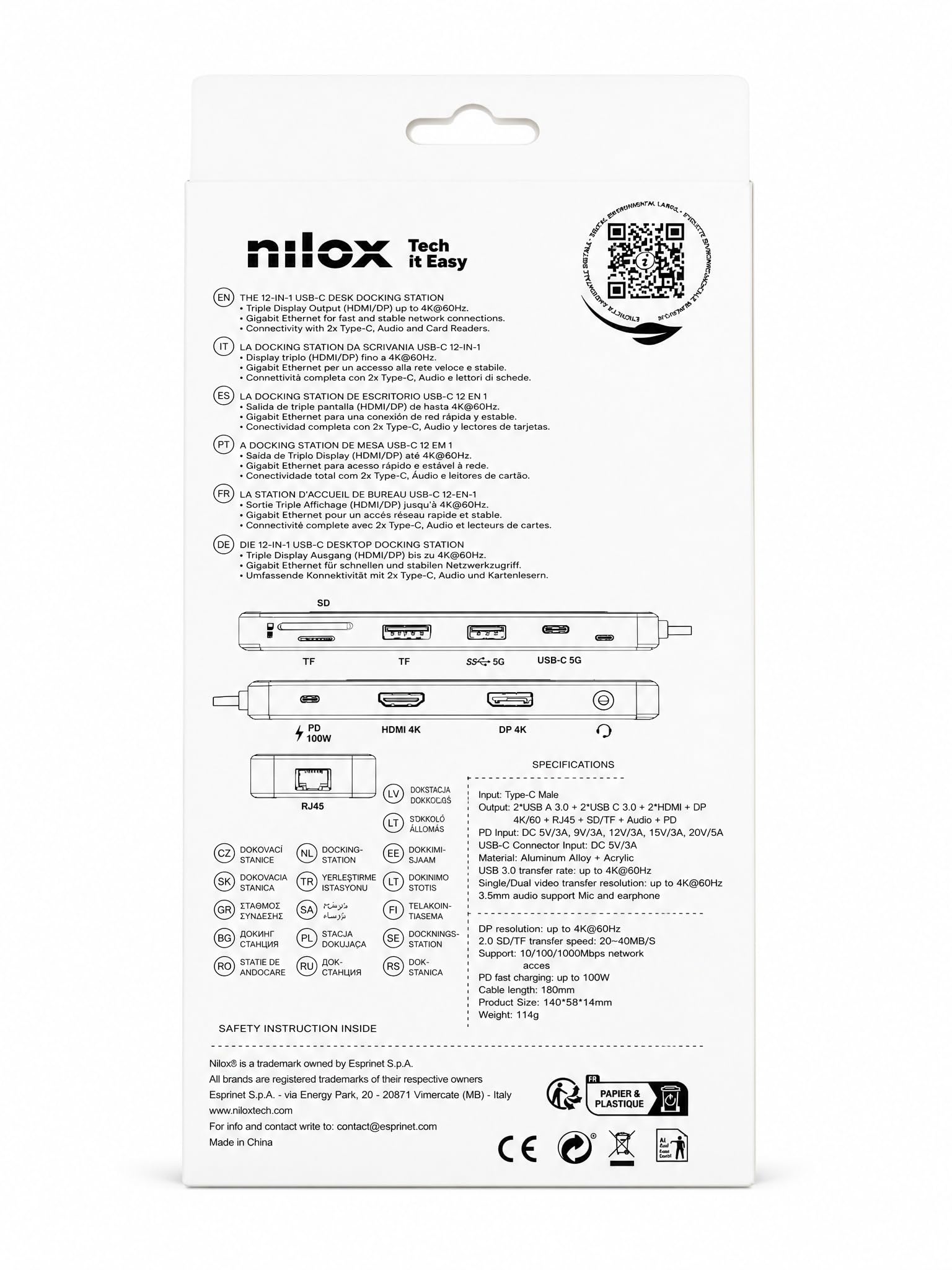 Nilox, Hub USB-C 12 w 1, stacja dokująca, wąska konstrukcja, plug & play