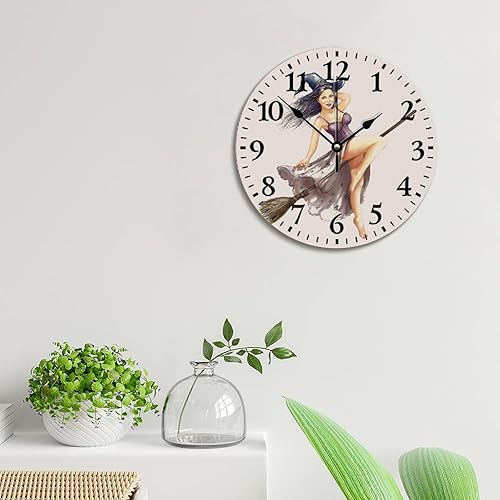 Miniatura 7 de ArogGeld Pinup - Reloj de pared para niña, reloj de madera de bruja de Halloween, 10, silencioso, sin tictac, funciona con pilas, para sala de