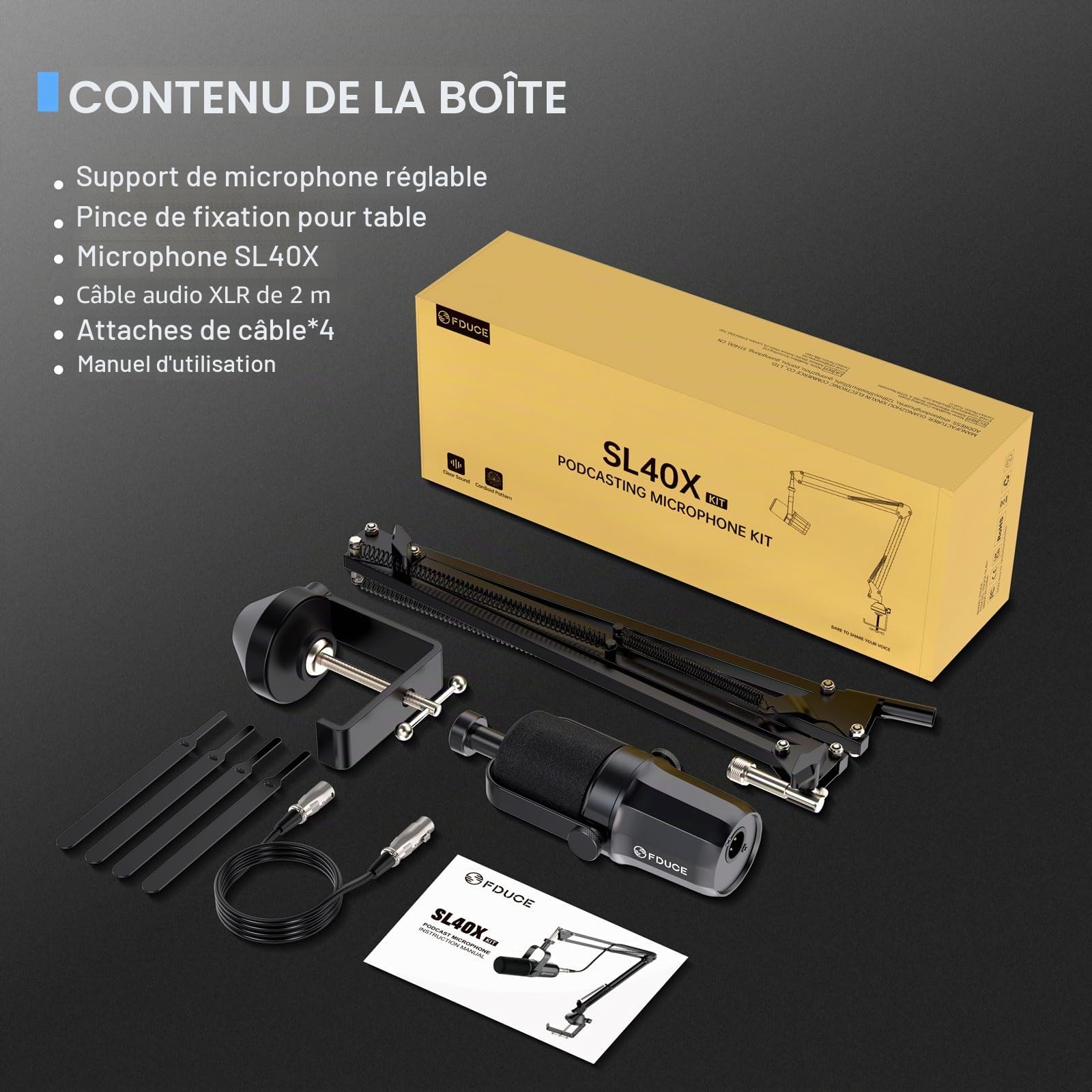 FDUCE SL40X Kit de Microphone Dynamique XLR pour Enregistrement Vocal,podcasting,Jeux,Streaming en Direct et radiodiffusion,Microphone cardioïde entièrement en métal