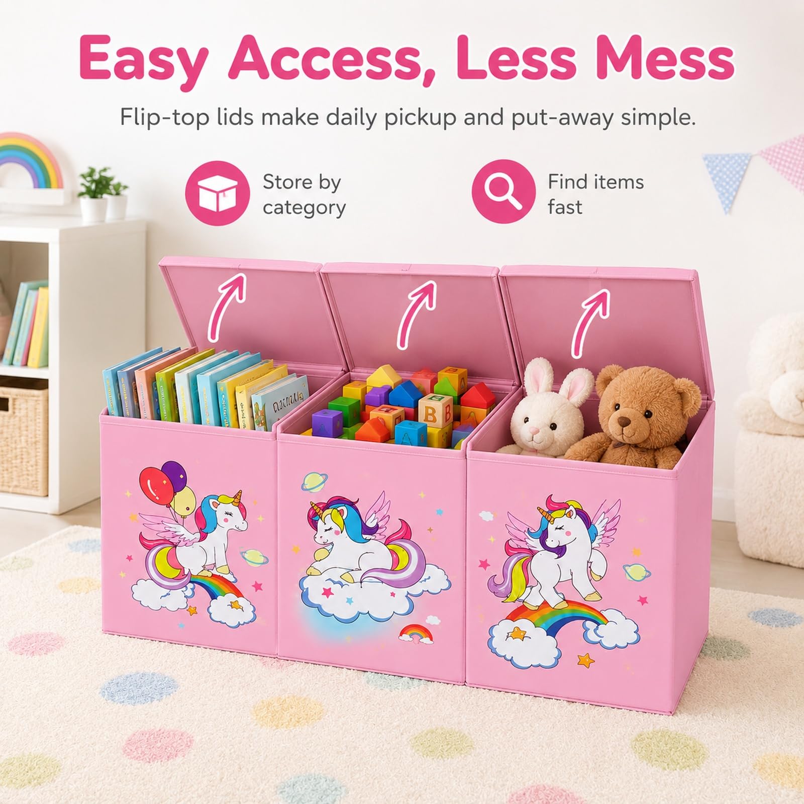 GOOGO Contenitore per giocattoli con coperchio, grande scatola pieghevole per cameretta, box porta giochi per libri, peluche e vestiti, 98 x 34 x 40 cm (rosa)