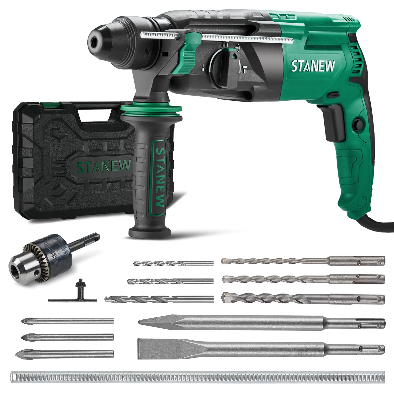 STANEW Taladro Percutor con Cable SDS Plus 950W y 16 Accesorios, Martillo perforador con 0-1150RPM/5100BPM con 4 Funciones y Embrague de Seguridad, Velocidad Variable, Hormigón, Acero, Madera