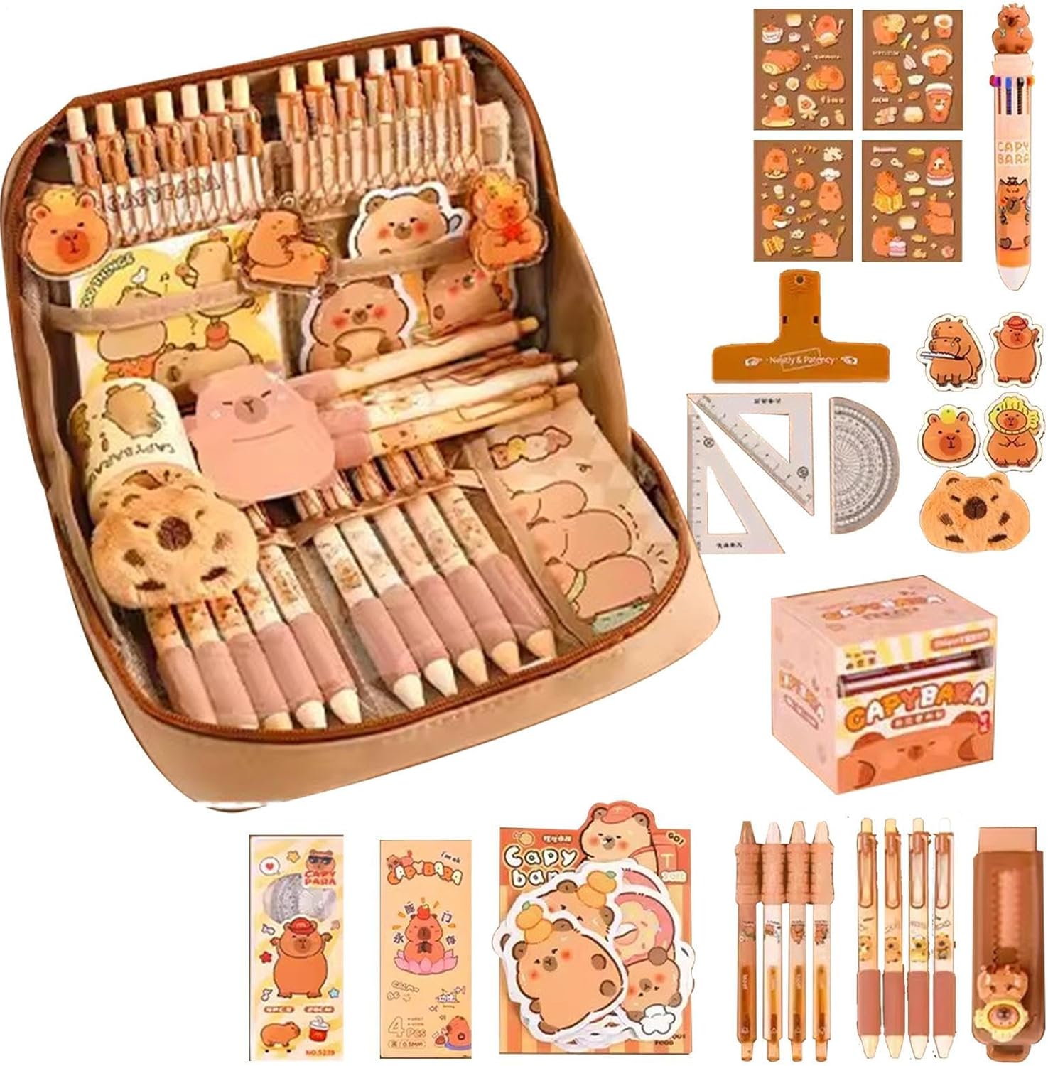 Cute Capybara Pencil Case, Capybara School Supplies, Wide Opening Mouth Pencil Pouch Cute Pen Case Pencil Bag with Pens Stickers Memo Pad Clips Rulers