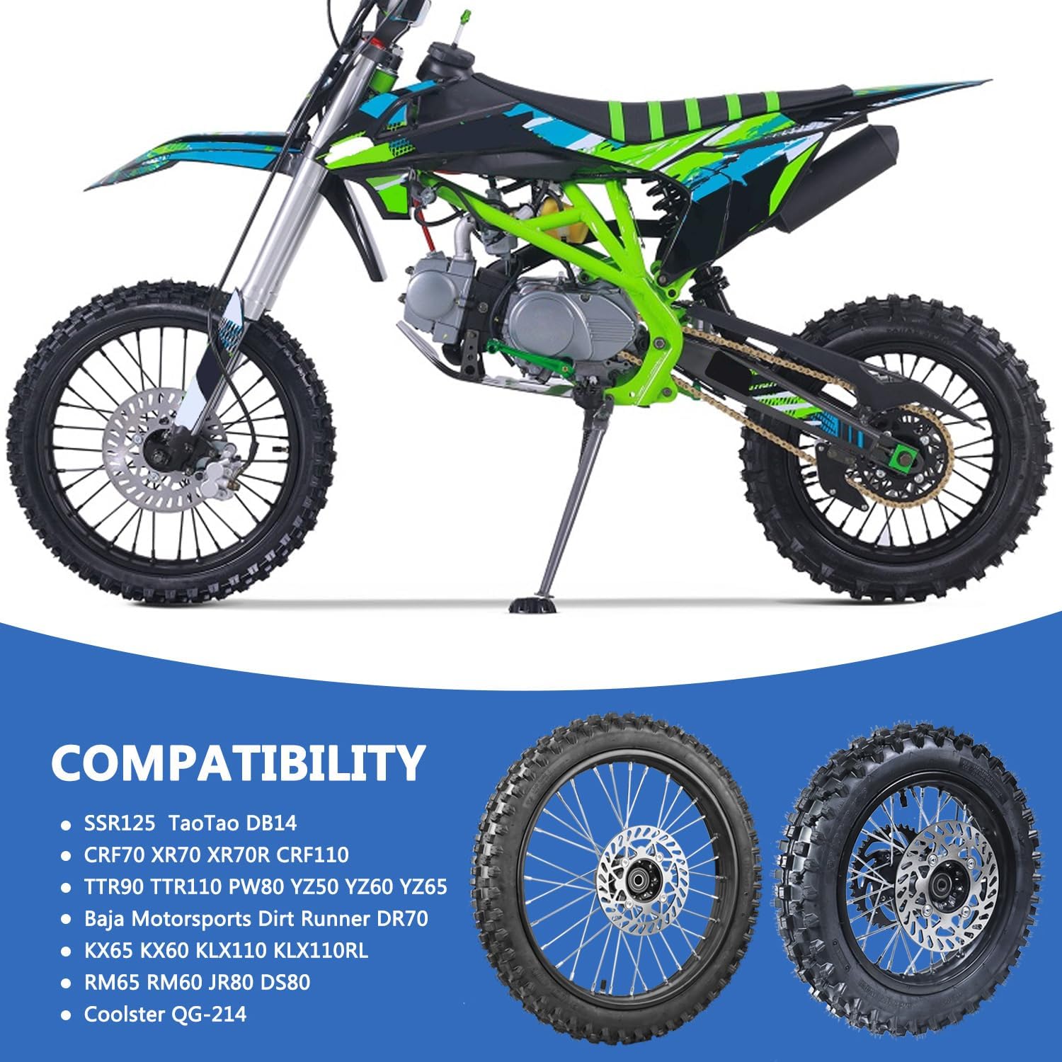 2.50-14 60/100-14 Front 3.00-12 80/100-12 Rear Rim Wheel Tires With 12-15mm Bearing for 50cc 90cc 110cc 125cc SSR125 TTR110 PW80 CRF70 KLX110 Apollo TaoTao DB14 Coolster Pit Bike Motorcycle