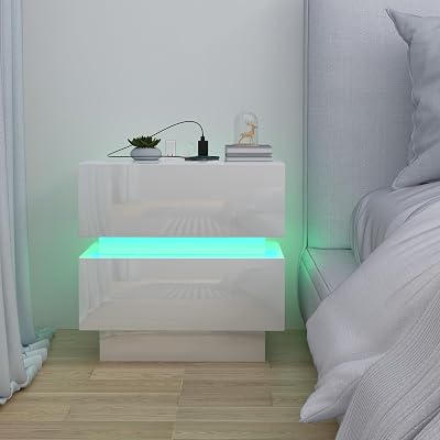 Set Di 2 Comodini Bianchi Con Luci LED RGB 16 Colori - 3 Cassetti, Antine Lucide, 45x35x61 Cm, Per Soggiorno E Camera Da Letto - 2