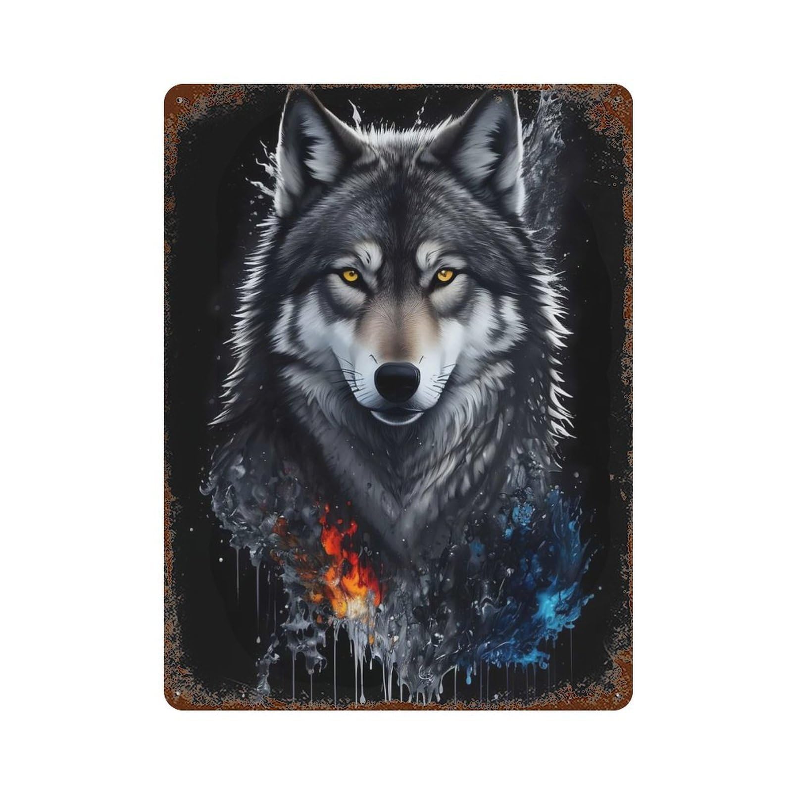 Garage Style Grey Wolf Portrait Rust Effect Tin Sign 15.7"x11.8", Rustic Home Decor for Bar And Workshop