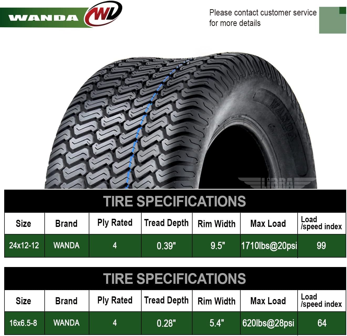 WANDA Set of 4 Lawn Mower Turf Tires 16x6.5-8 Front & 24x12-12 Rear /4PR