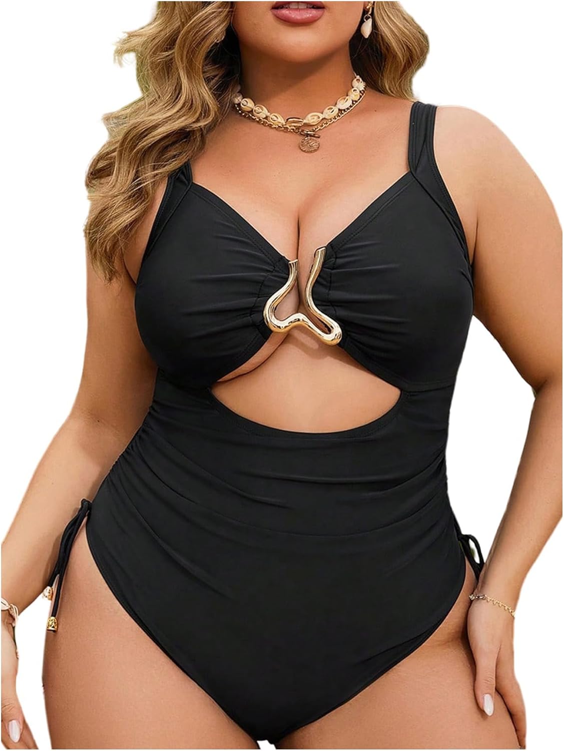 Floerns Women's Plus Size One Piece Swimsuit Cut Out High Waisted Drawstring Monokini Bathing Suit