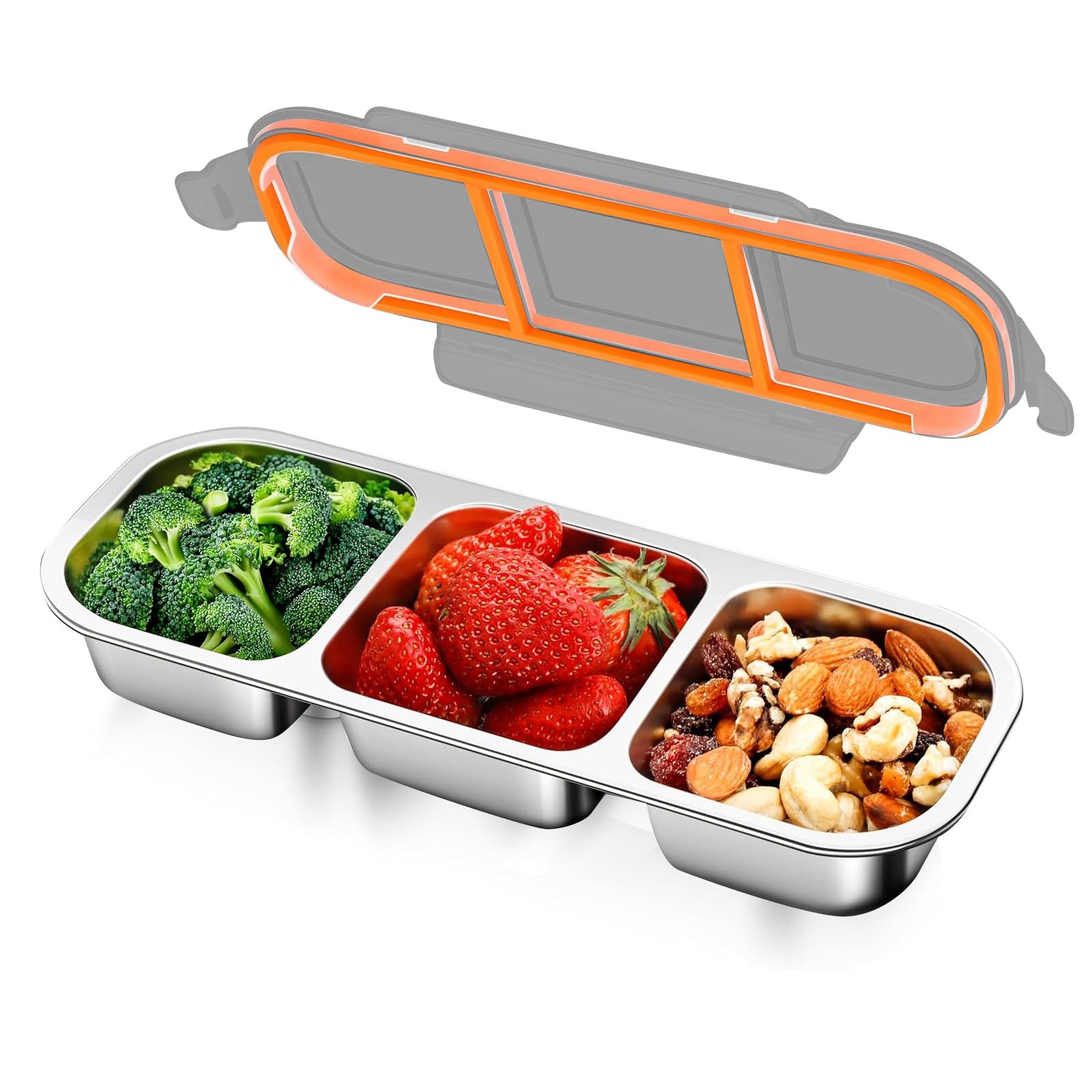 Snack Box with Compartments, Stainless Steel Lunch Box with Lids, 3 Compartment Bento Snack Containers, Reusable Leakproof Food Storage Snack Box for School Work Travel (Black)