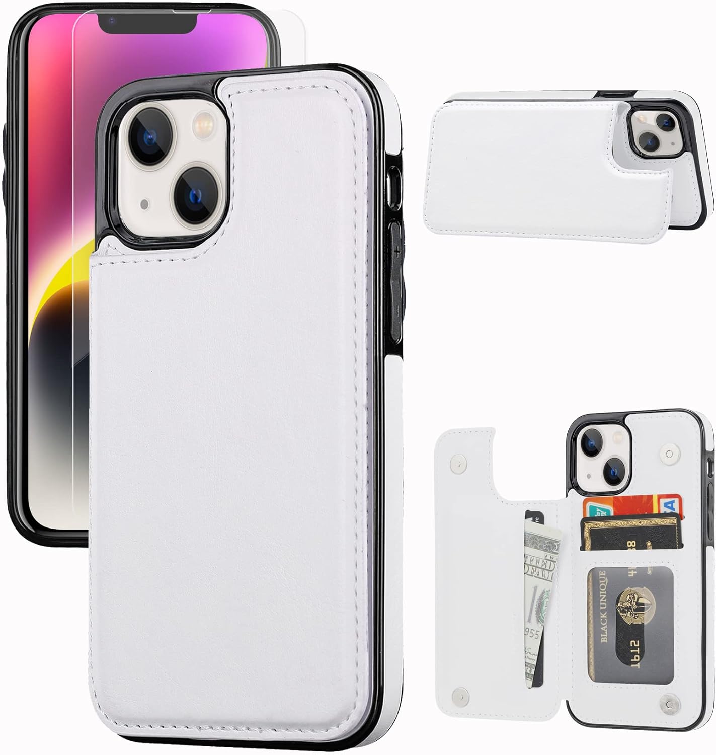 Wallet Case Compatible with iPhone 14, Slim Protective case with Card Holder,Premium PU Leather Kickstand Card Slots Case with a Screen Protective Glass for iPhone 14(6.1")-White