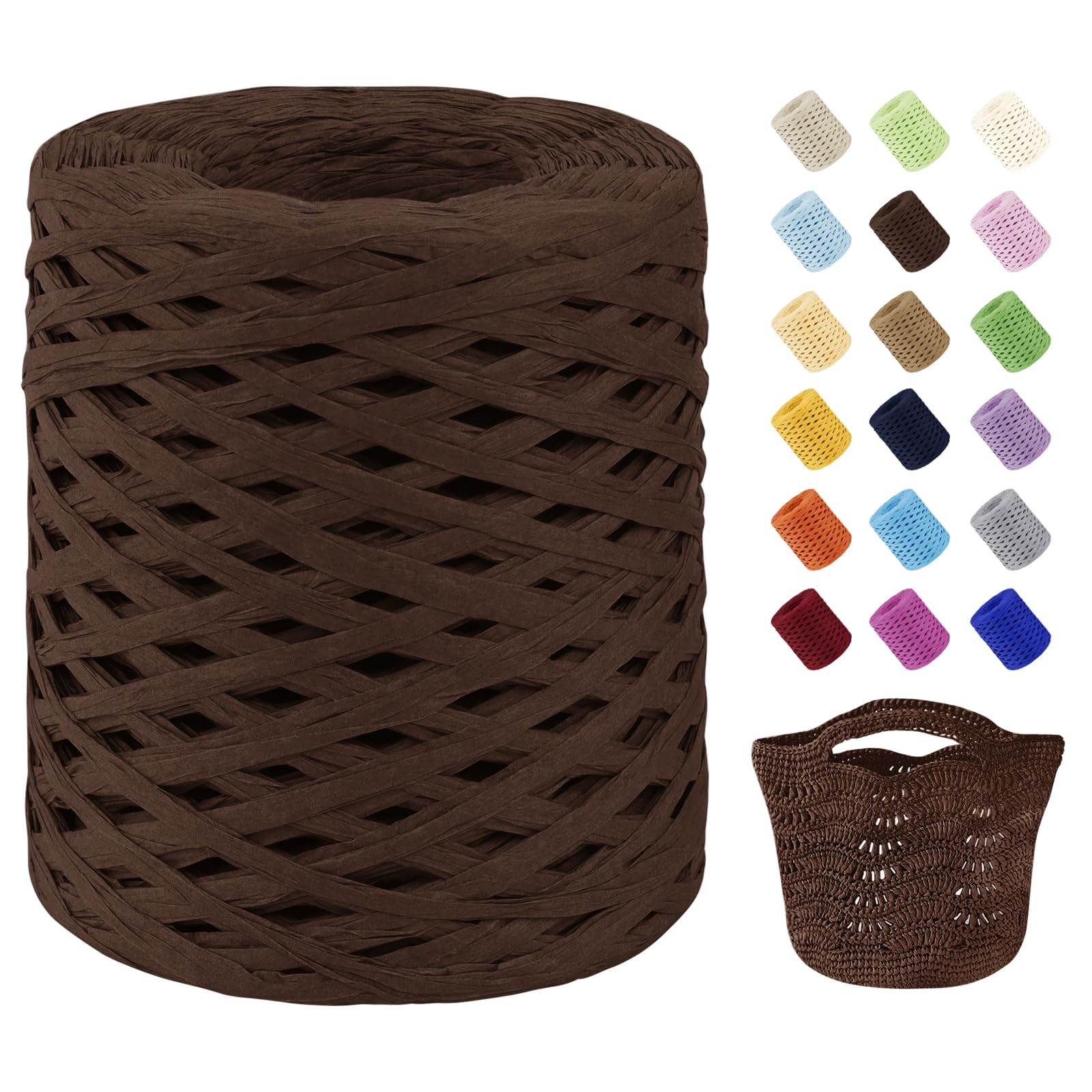 Uiopa Raffia Ribbon for Crochet, 3mm x 200m Raffia Paper Ribbon Straw Crochet Yarn for Crocheting Beach Bags, Sun Hats, Home Decor, DIY Crafts (Coffee)