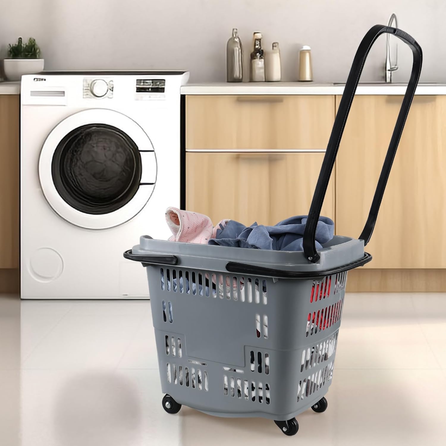 50 L Plastic Rolling Shopping Basket with Handle, 4 Pcs Large Plastic Shopping Baskets with Handles and Wheels, Gray