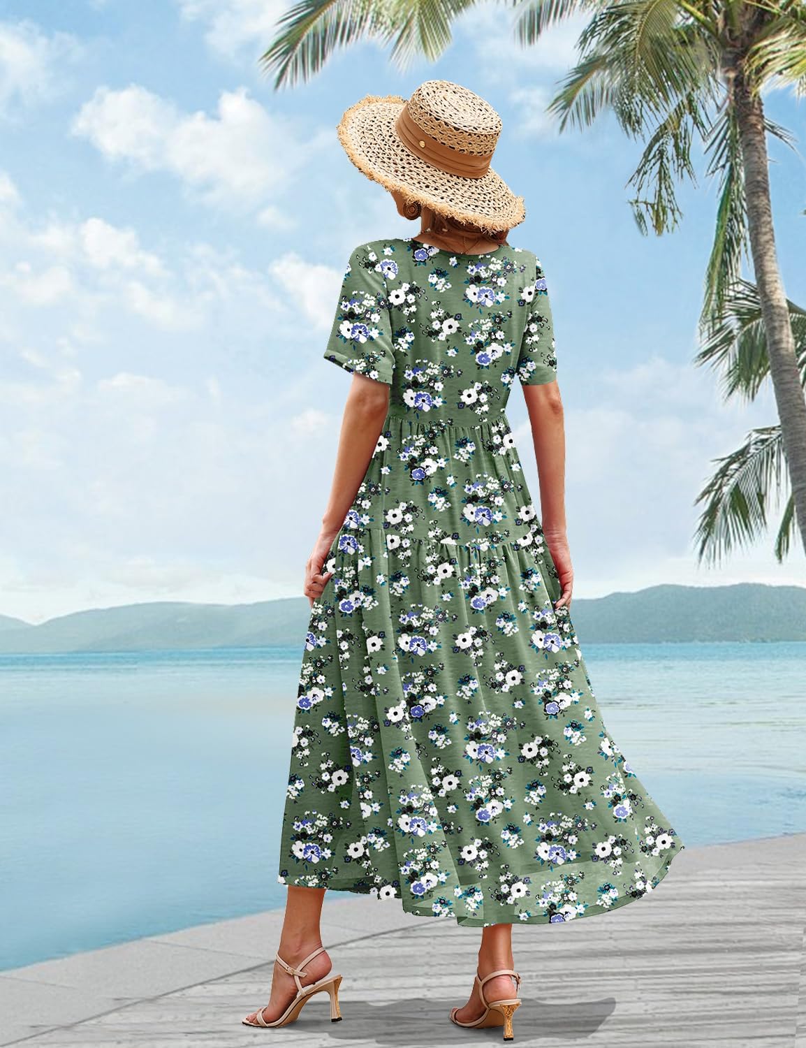 YESNO Women Casual Loose Bohemian Floral Dress with Pockets Short Sleeve Long Maxi Summer Beach Swing Dress EJF thumbnail