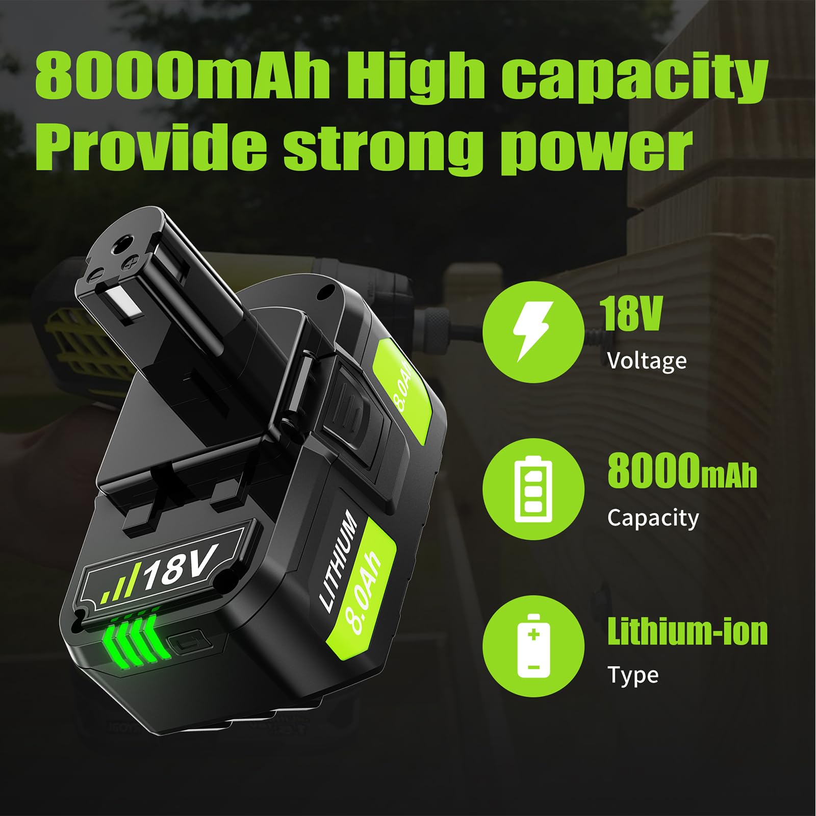 2Pack Upgraded 8.0Ah Replacement for Ryobi 18V Lithium Battery Compatible with Ryobi 18Volt ONE+ Plus Battery PBP005 PBP004 PBP003 PBP002 P102 P103 P104 P105 P107 P108 P109 P190 Cordless Power Tools