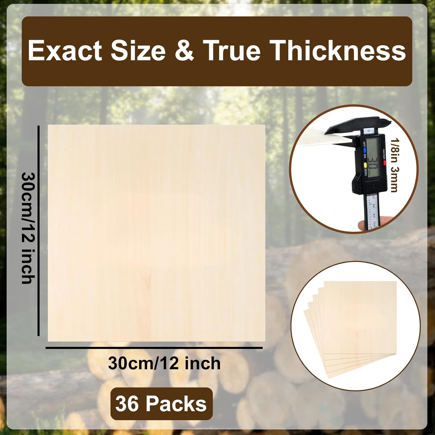 12x12 Basswood Sheets 1/8" (3mm) Thick for Crafting, Laser Cutting, Architectural Model Making - 36 Pack, Full Exact Thickness & Exact Size, Pre-Sanded Burr-Free & Warp-Resistant