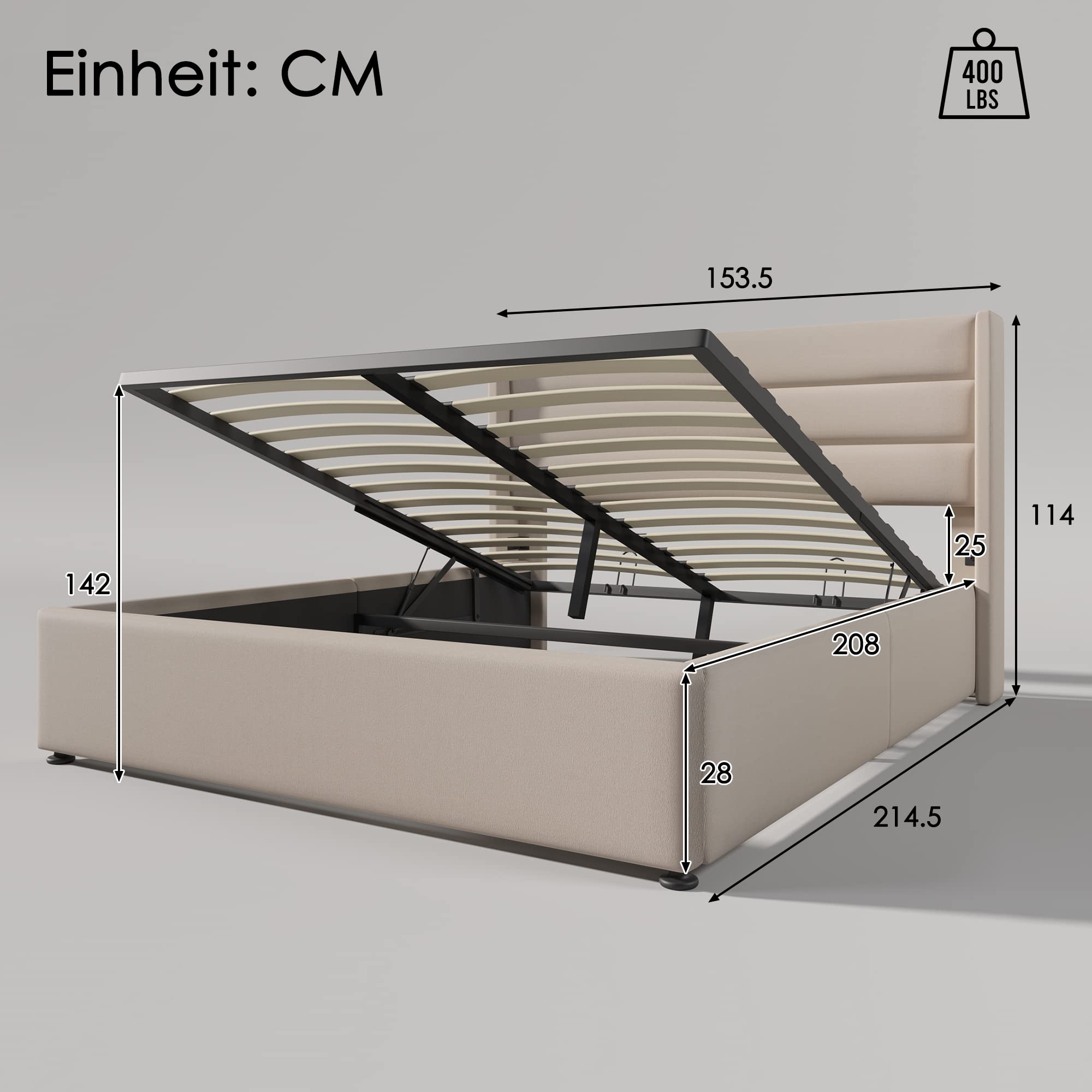 Oxtao Canapé-lit Avec Rangement Hydraulique 140x200 Cm - Lit Double, Sommier à Lattes, Housse Lin Beige, Sans Matelas