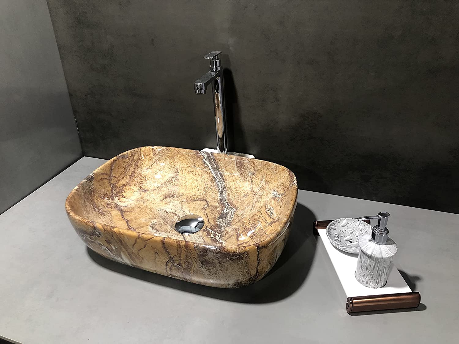 HISRE Table Top Wash Basin For Bathroom | Over Counter Top Wash Basin For Living Room | Washbasin Countertop | Tabletop Ceramic Bathroom Kitchen Sink (45 x 33 x 13 CM) (White - Brown Design), photo 2 of 3