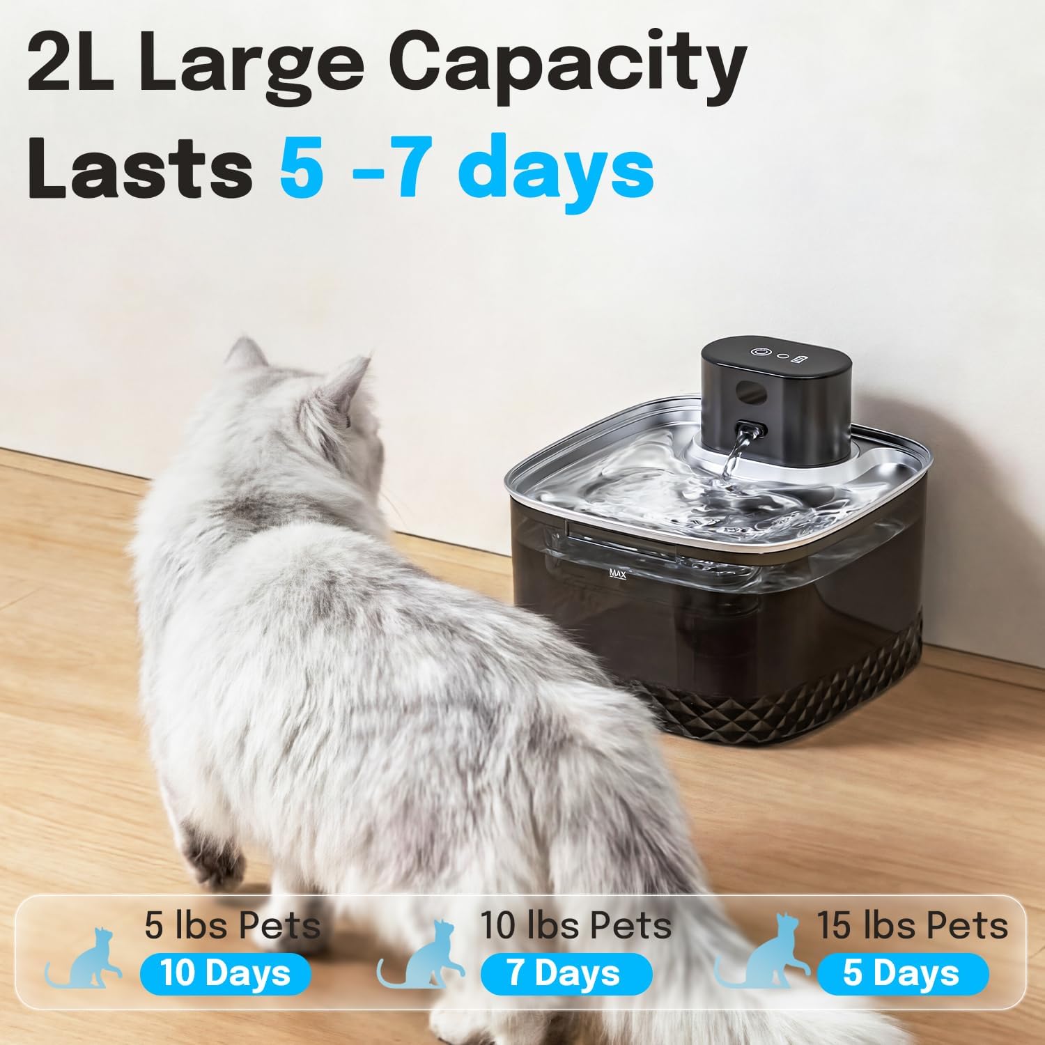 Wireless Cat Water Fountain, 2L Rechargeable Pet Fountain with Stainless Steel Tray, Ultra Quiet Pump, Motion Sensor & Anti-Dry Burn, Auto Water Dispenser for Cats Dogs, Black (1 Filter)