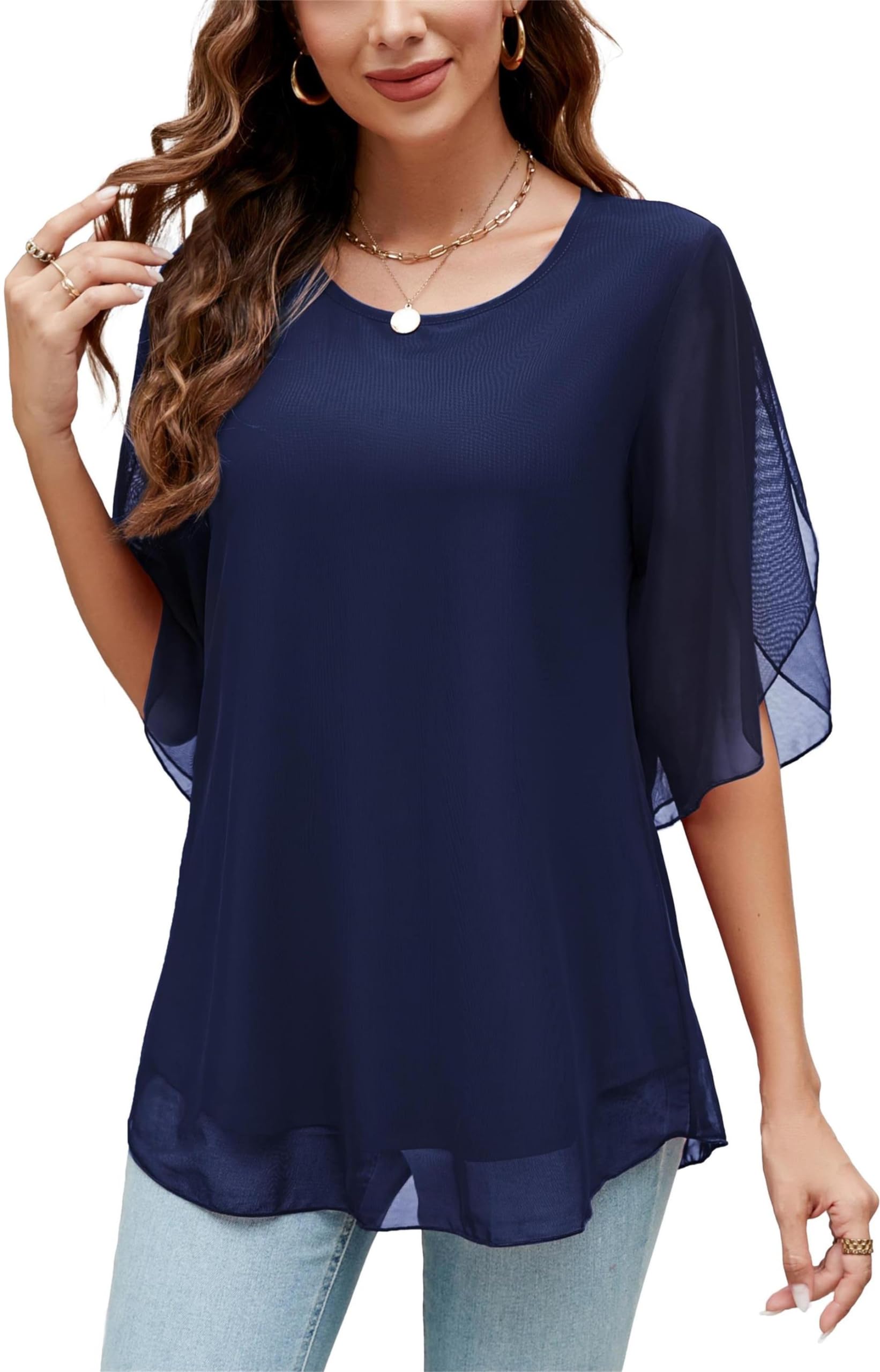 Actcat Damen Rüschen 3/4 Ärmel Mesh Blusen Lose Flowy Tops Stretch Shirts Crinkle Bluse Damen elegant damenblusen elegant mesh Shirt Damen Umstandsbluse Damen große größen