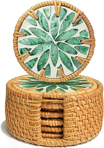 Juego de 6 posavasos aislados, ratán tejido a mano y madreperla, posavasos bohemios duraderos y ecológicos, salvamanteles decorativos para café y
