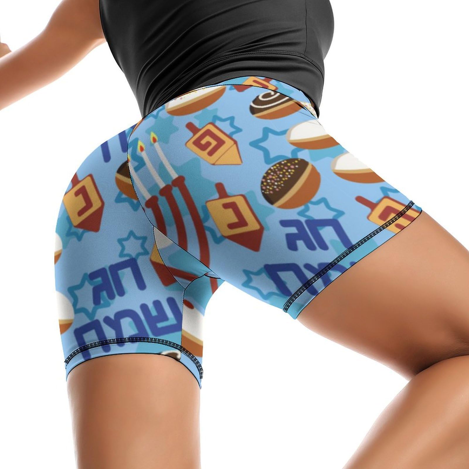 Happy Hanukkah Jewish Chanukah Holiday High Waist Yoga Shorts for Women Athletic Shorts Leggings Running Pants Black