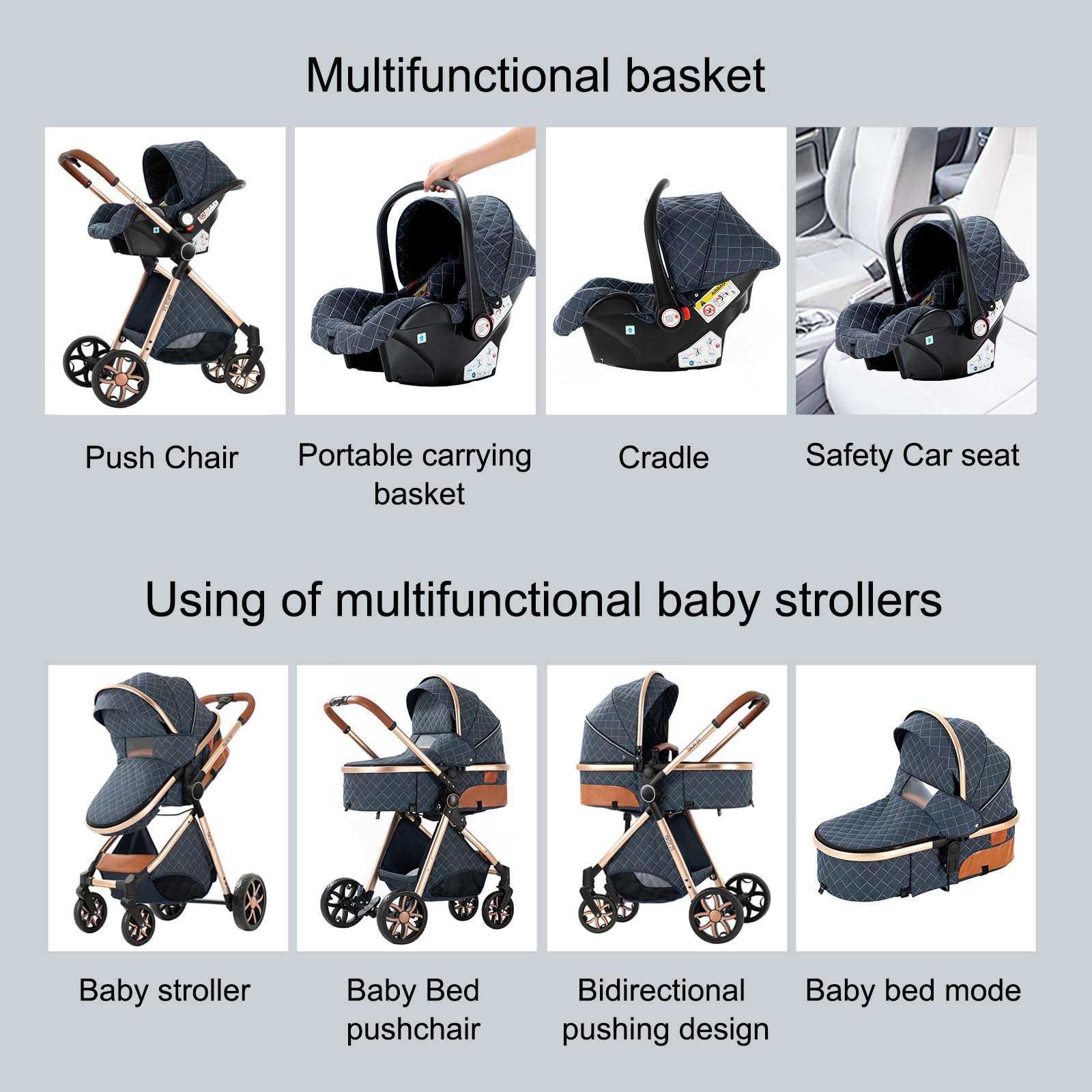 Carrito Bebe 3 en 1, Carro Bebe con Diseño Plegable con Un Solo Clic, Cochecito con Dos Modos de Empuje Reversibles, Carricoche 3 Piezas con Marco de Aluminio (YV9 Grey)